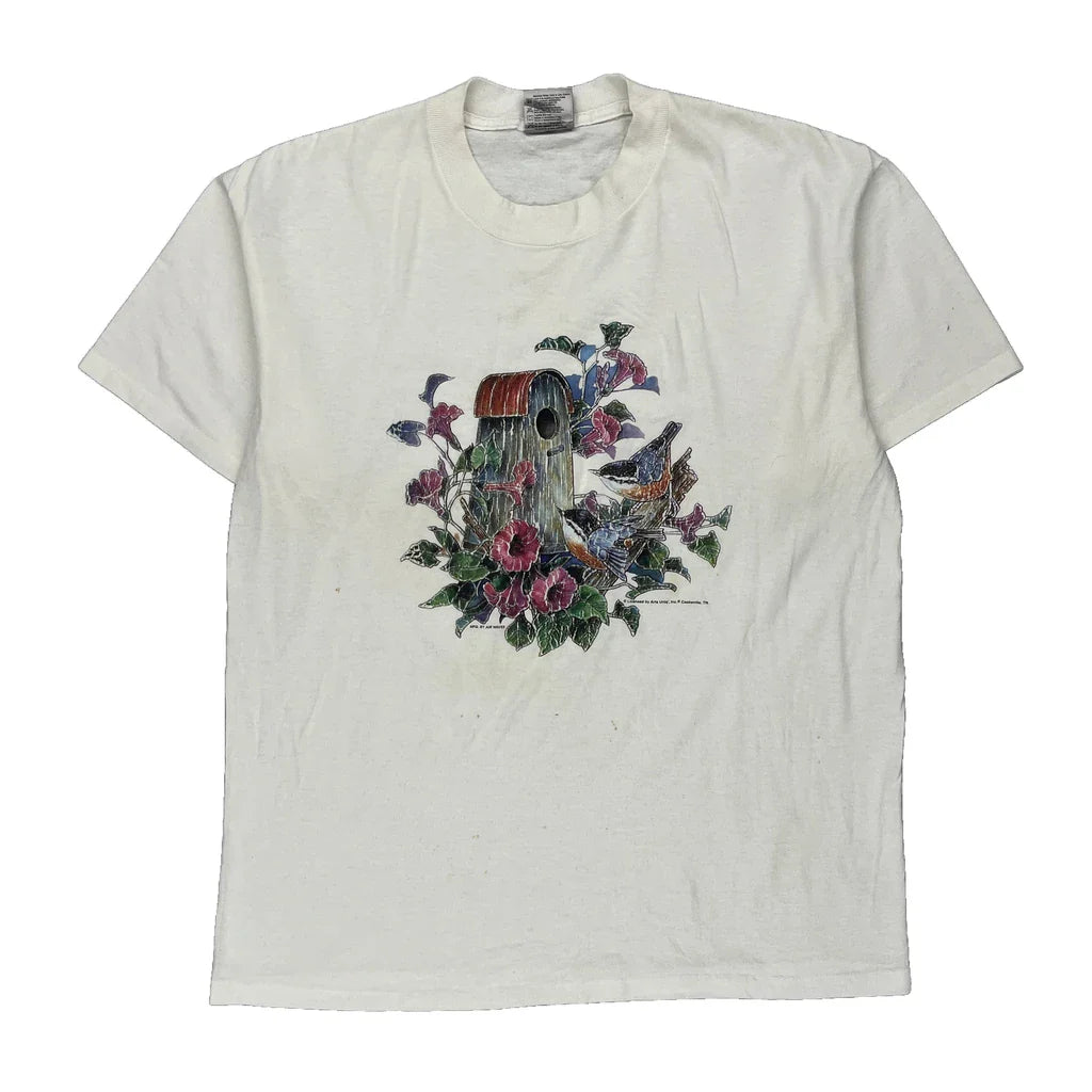 Oneita Single Stitch T-Shirt - Large White Cotton Blend Refurbished - Thrifted (note: this is a term often used to describe second- refurbished available on Cerqular