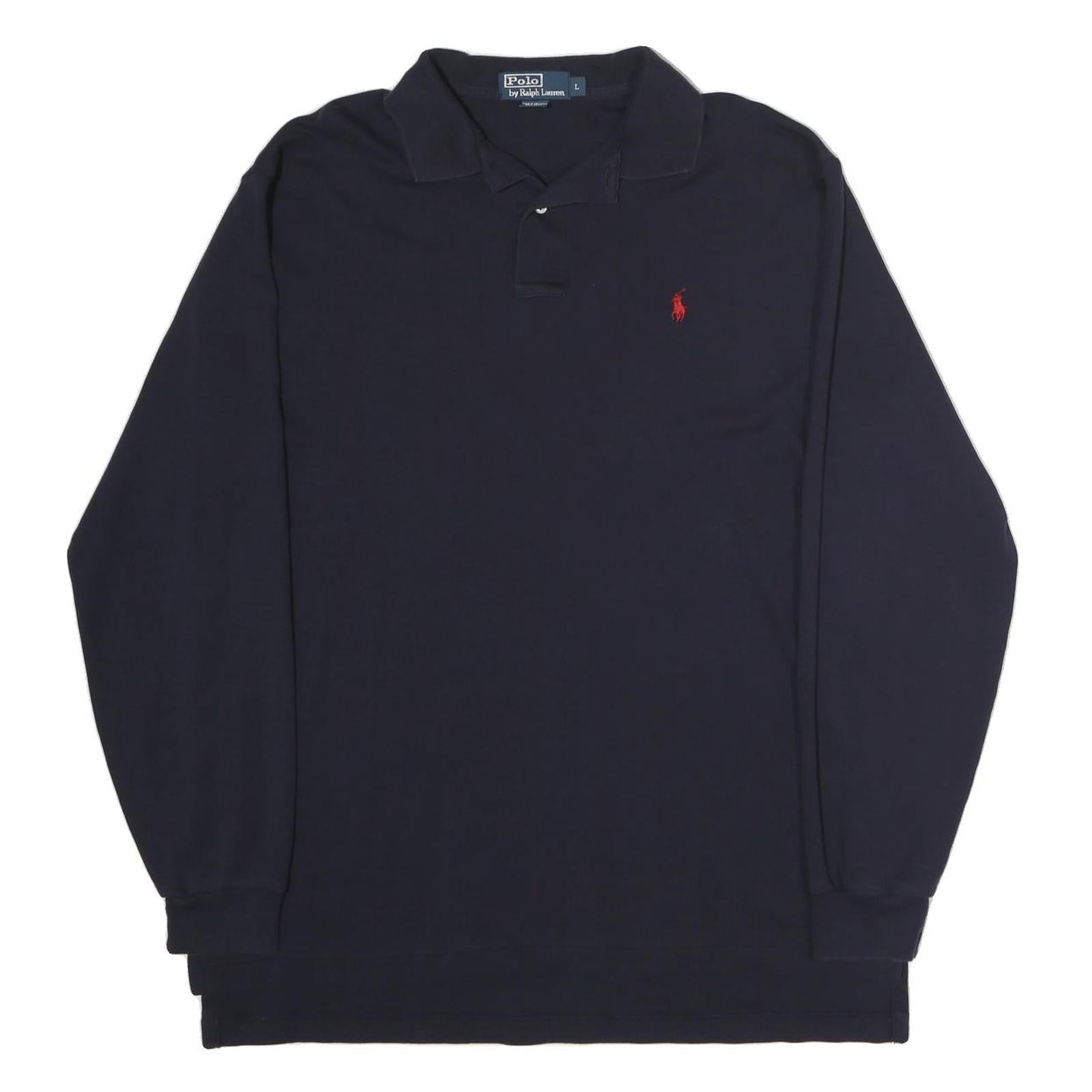POLO RALPH LAUREN Mens Navy Blue Long Sleeve Plain L Cotton Polo Shirt Classic Refurbished - N/A refurbished available on Cerqular