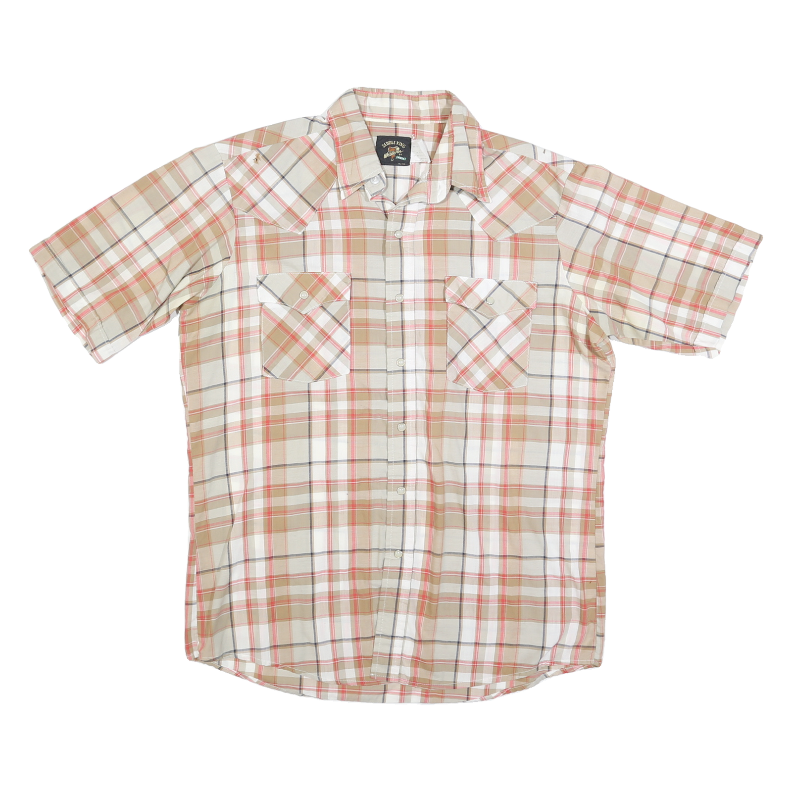Mens Beige & Red Plaid Cotton Shirt L Button Short Sleeve Casual Summer Wear Refurbished - N/A refurbished available on Cerqular