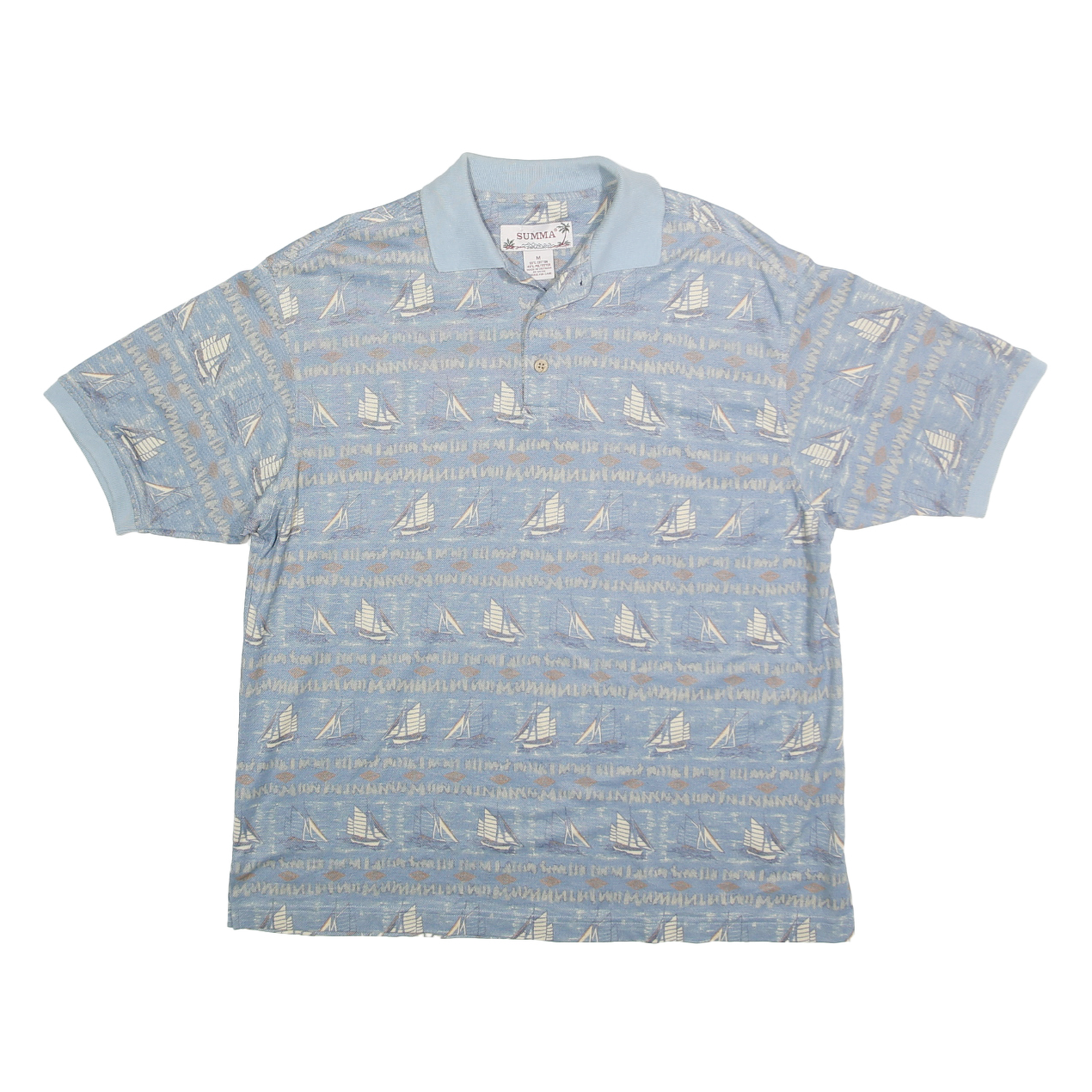 SUMMA Mens Blue Boat Print Short Sleeve Polo Shirt M Cotton Blend Casual Summer Refurbished - N/A refurbished available on Cerqular