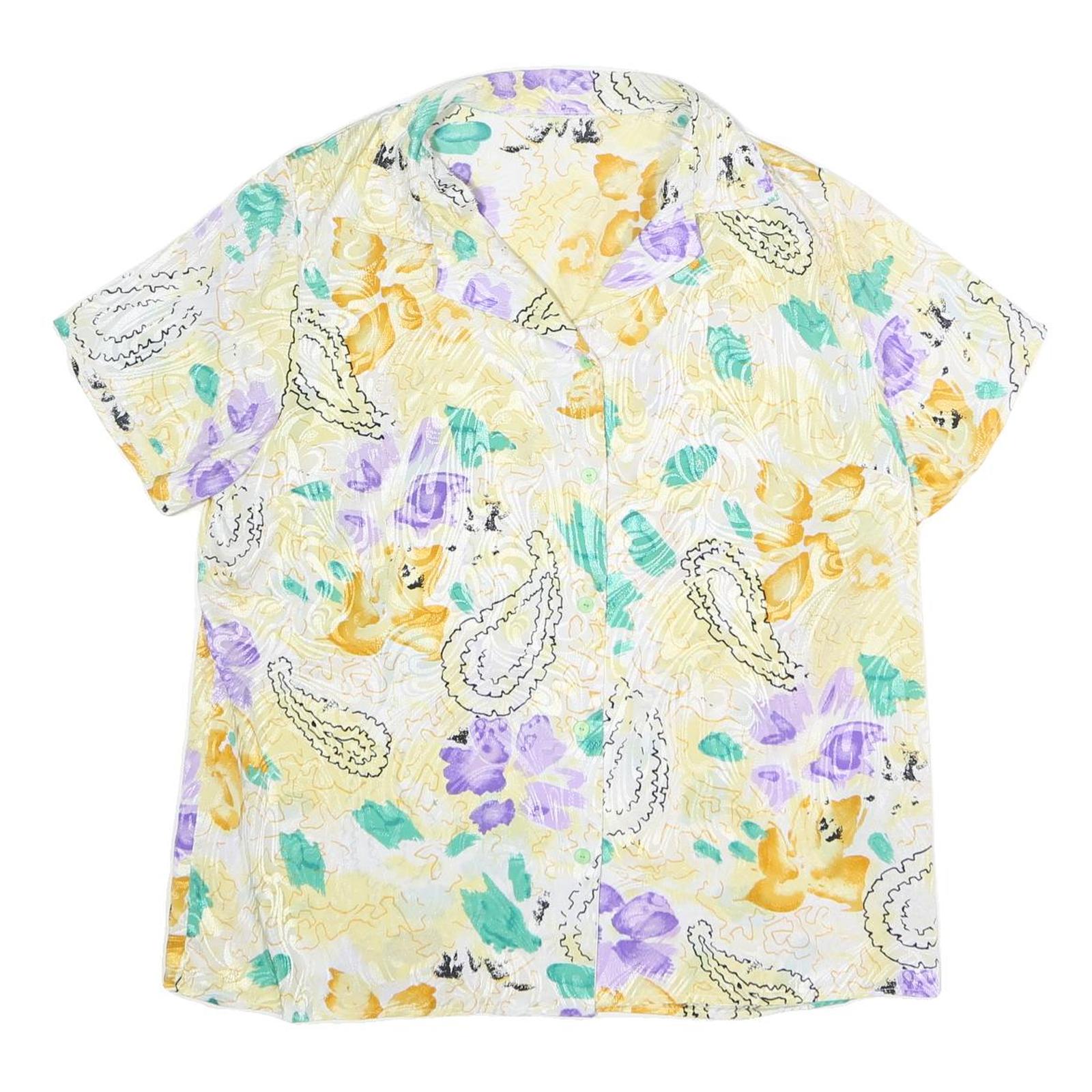 Womens White Yellow & Purple Paisley Print Top Short Sleeve Button Neck XL Refurbished - N/A refurbished available on Cerqular