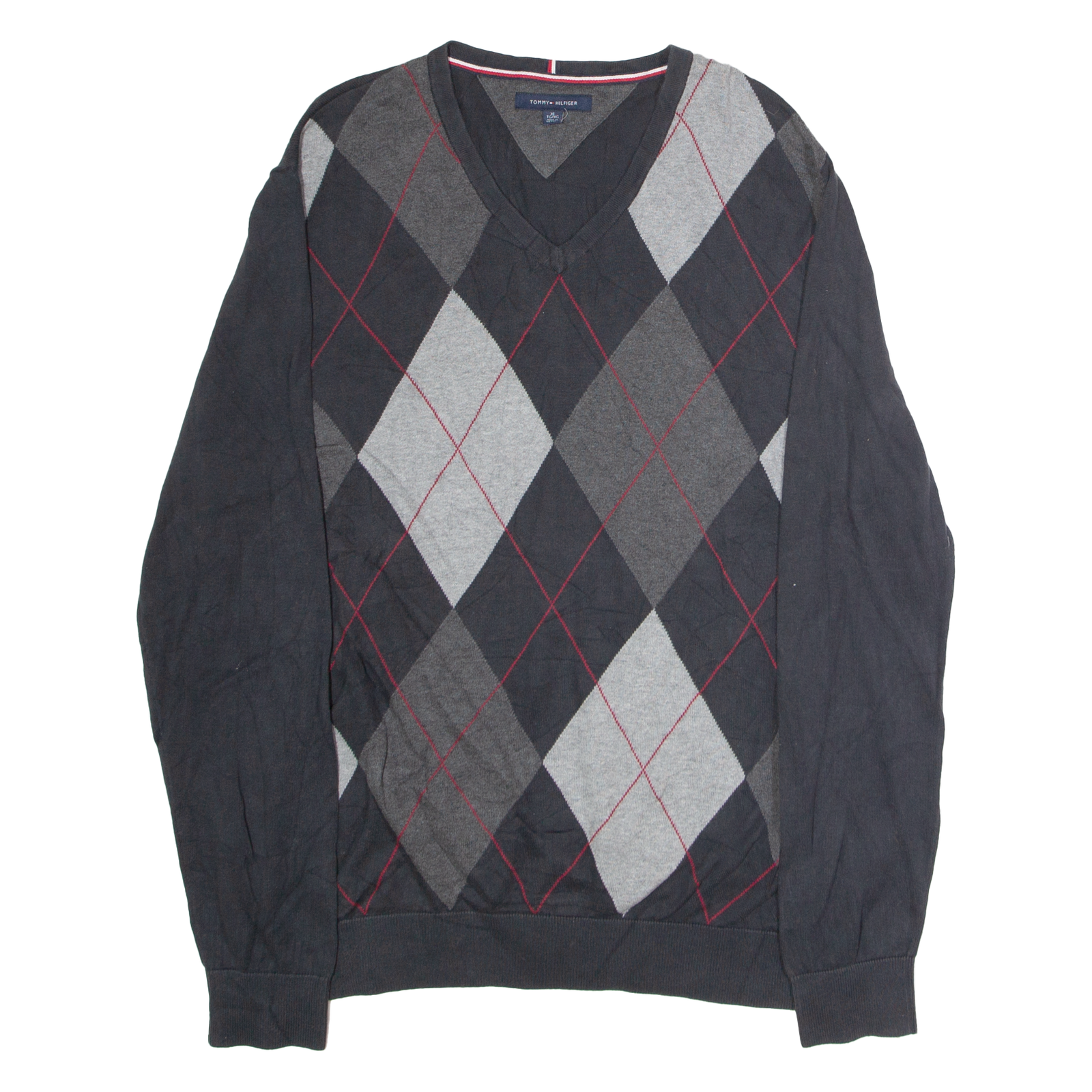 TOMMY HILFIGER Mens Patterned Jumper Black Argyle V-Neck Tight Knit XL Refurbished - N/A refurbished available on Cerqular