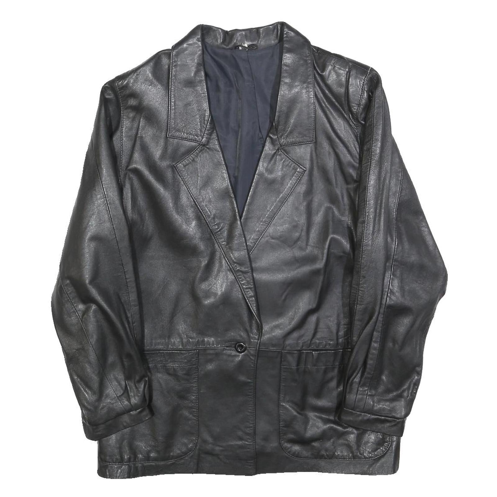 Womens Black Leather Button Jacket M Leather Plain Classic Smart Outerwear Refurbished - N/A refurbished available on Cerqular