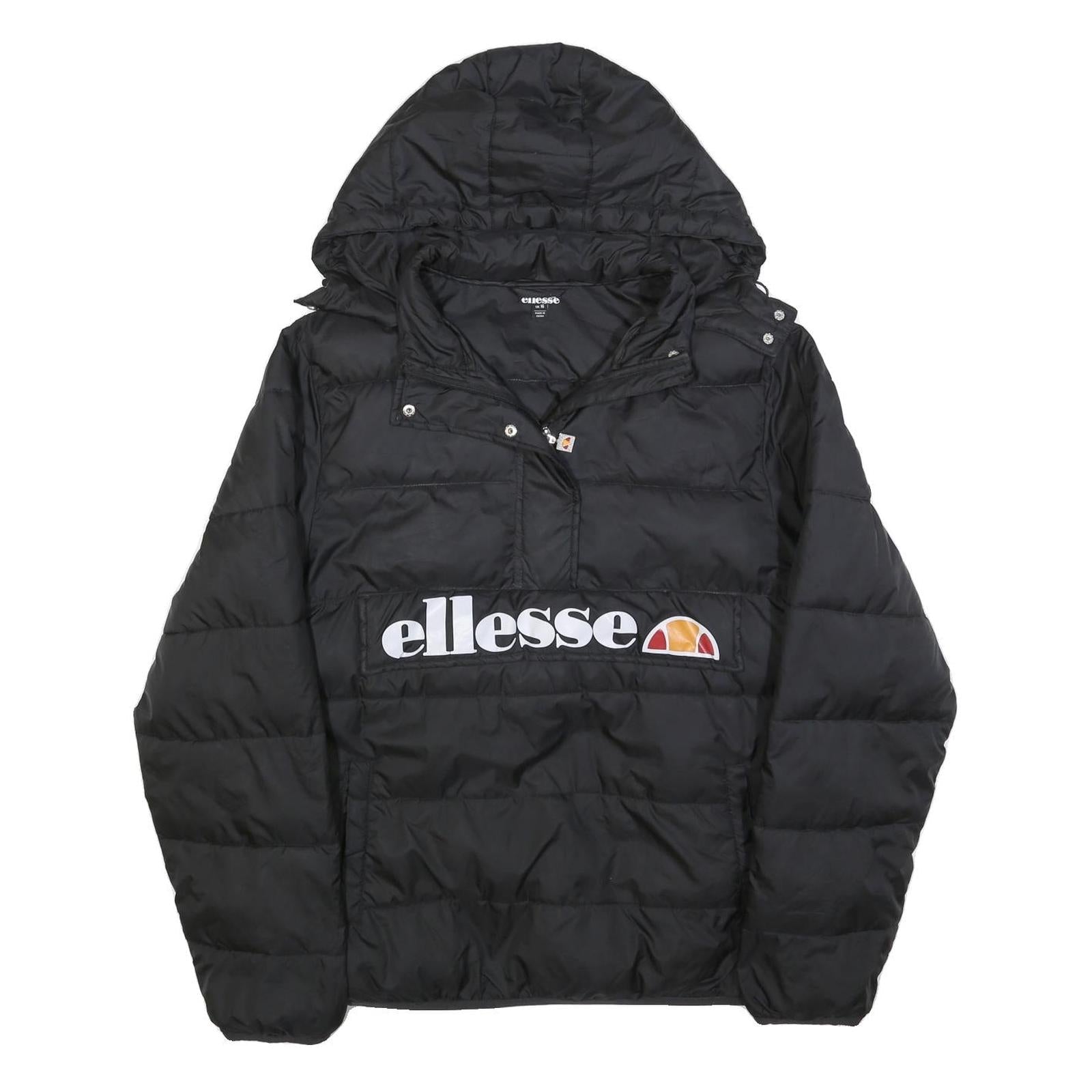 ELLESSE Womens Black Hooded Puffer Jacket UK 16 Polyester Zip Logo Printed Refurbished - N/A refurbished available on Cerqular