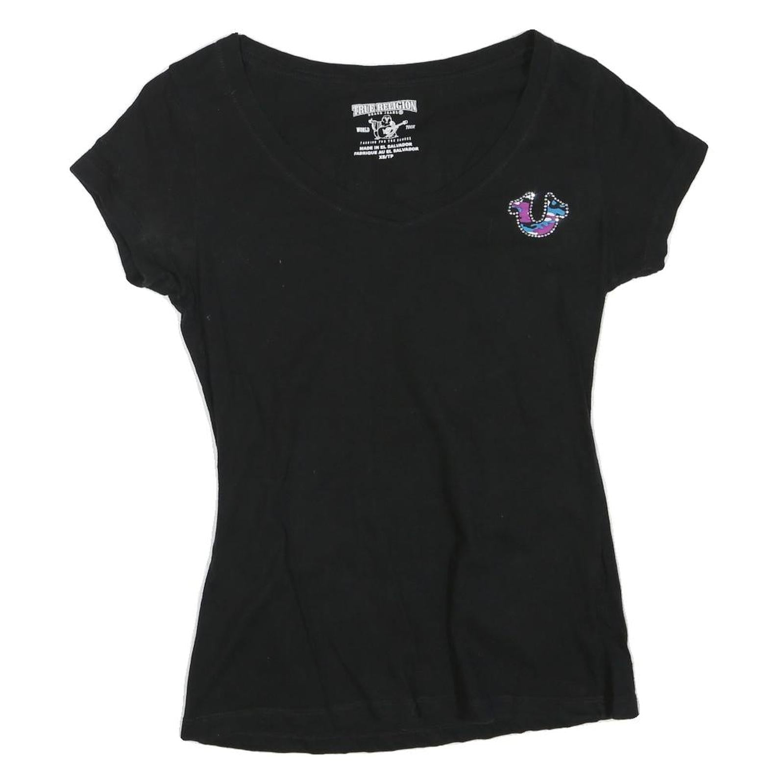 TRUE RELIGION Womens Black Graphic T-Shirt XS Short Sleeve V-Neck Camouflage Refurbished - N/A refurbished available on Cerqular