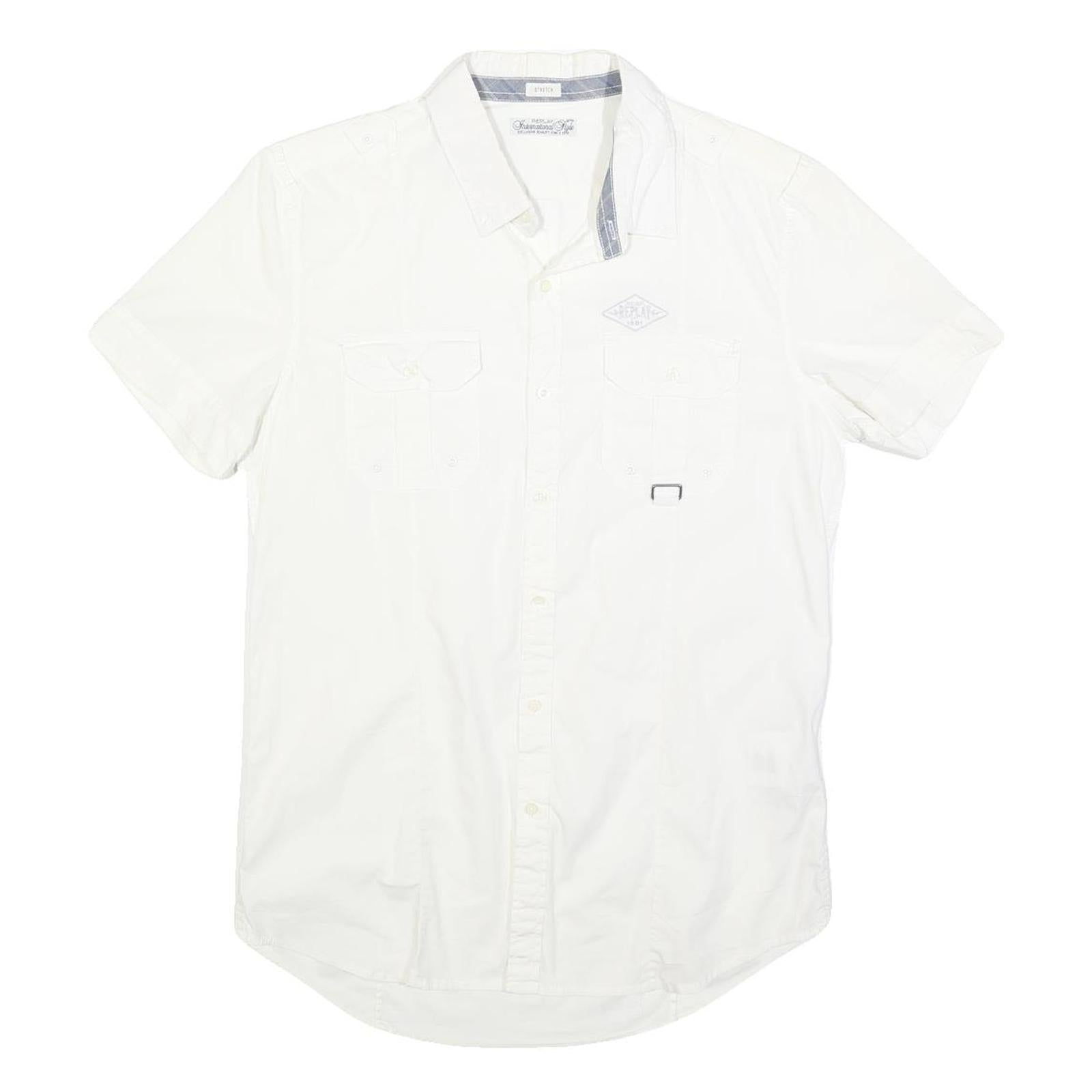 REPLAY Mens White Short Sleeve Shirt M Cotton Blend Casual Button Down Summer Refurbished - N/A refurbished available on Cerqular