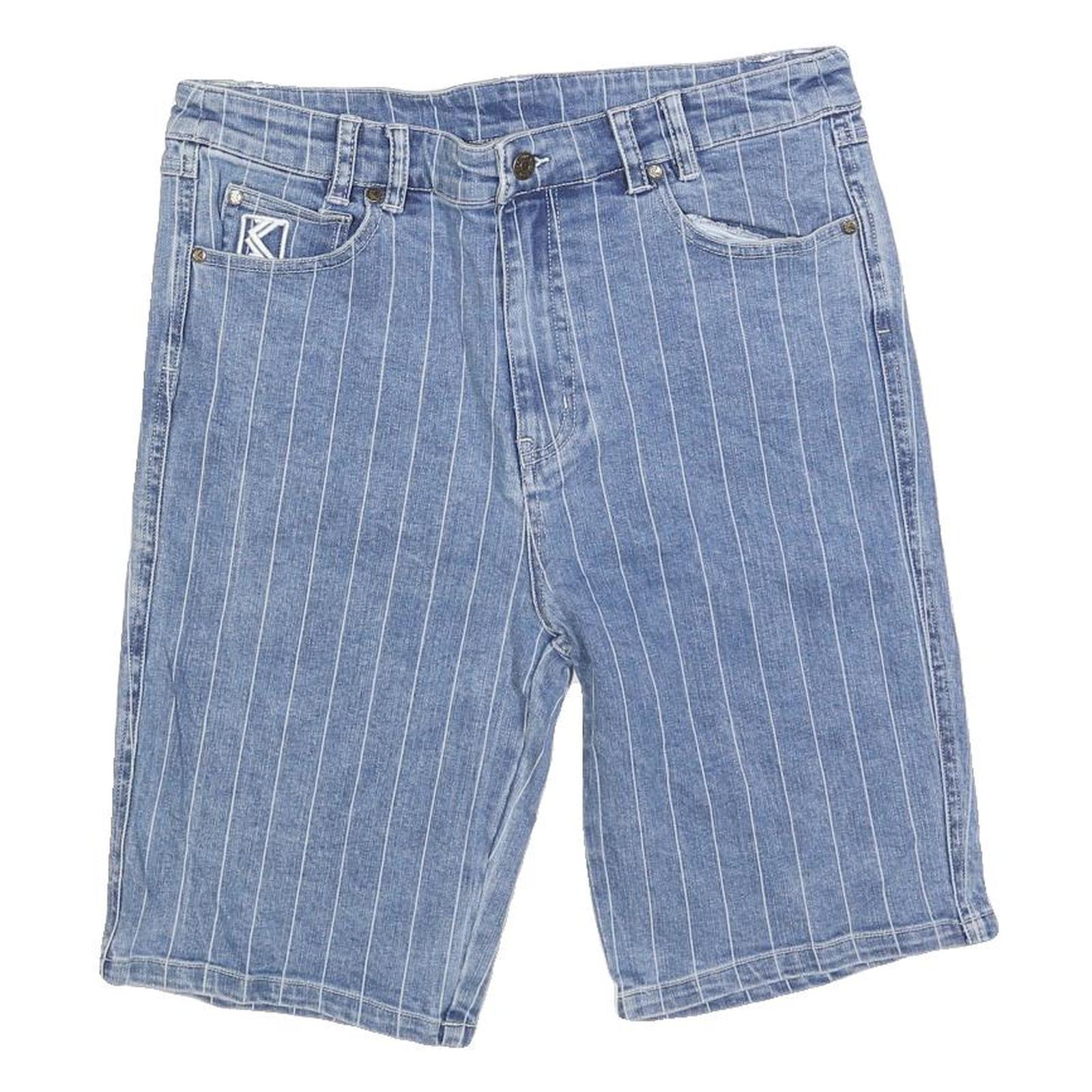 KARL KANI Mens Shorts Blue Pinstripe Casual L W32 Denim Cotton Blend Embroidered Refurbished - N/A refurbished available on Cerqular