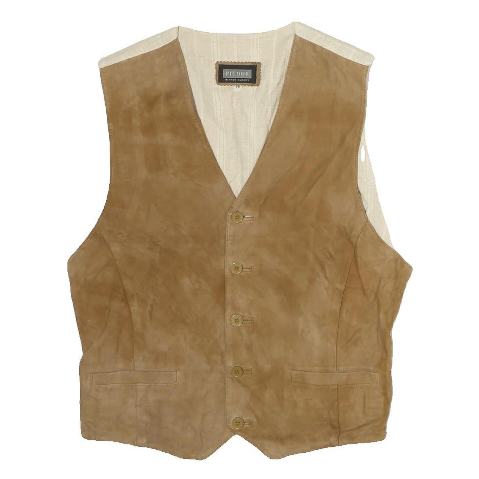 PICDOR Mens Beige Leather Button Jacket M Suede Waistcoat Casual Refurbished - N/A refurbished available on Cerqular