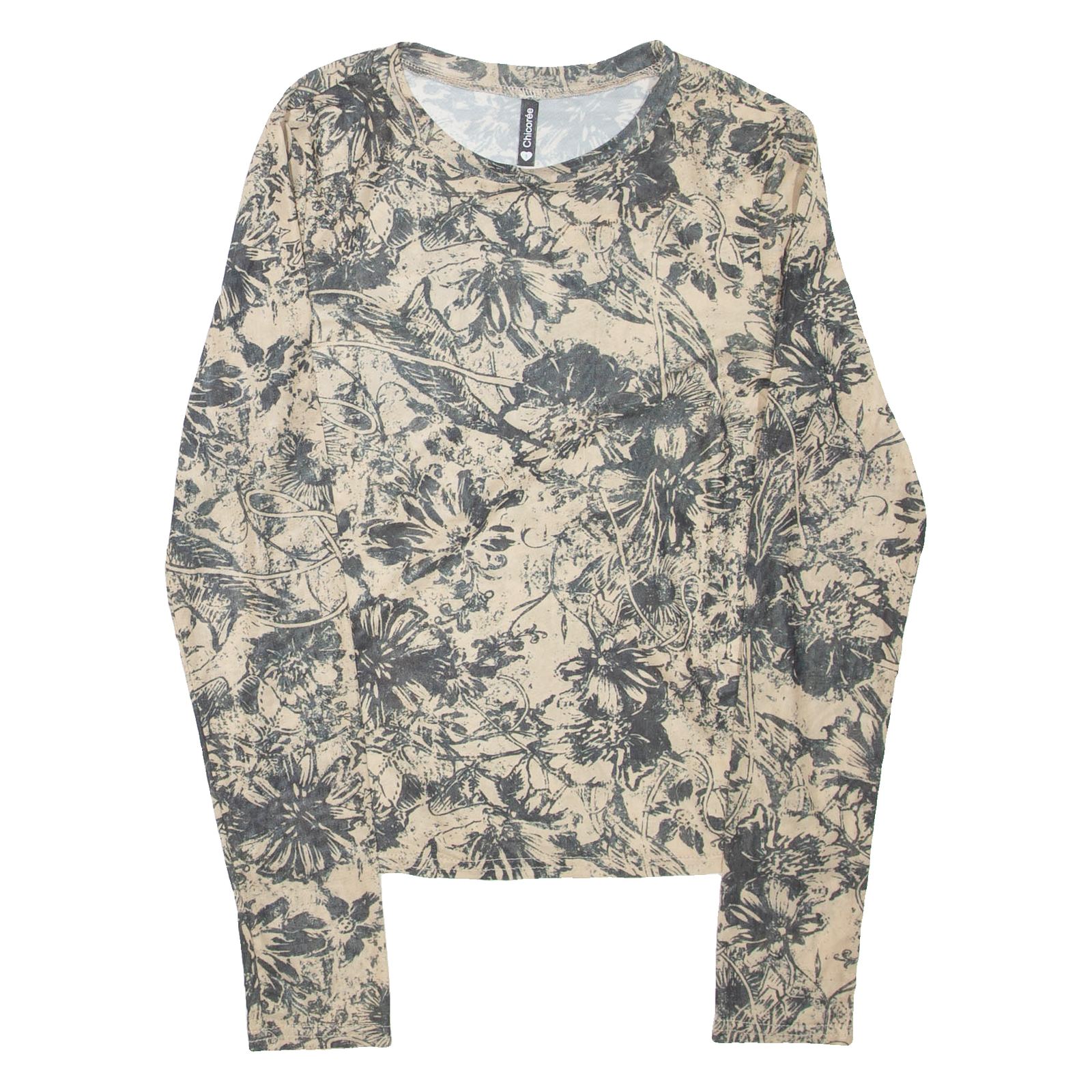 CHICOREE Sheer Womens Printed Top Beige Long Sleeve Floral S Refurbished - N/A refurbished available on Cerqular