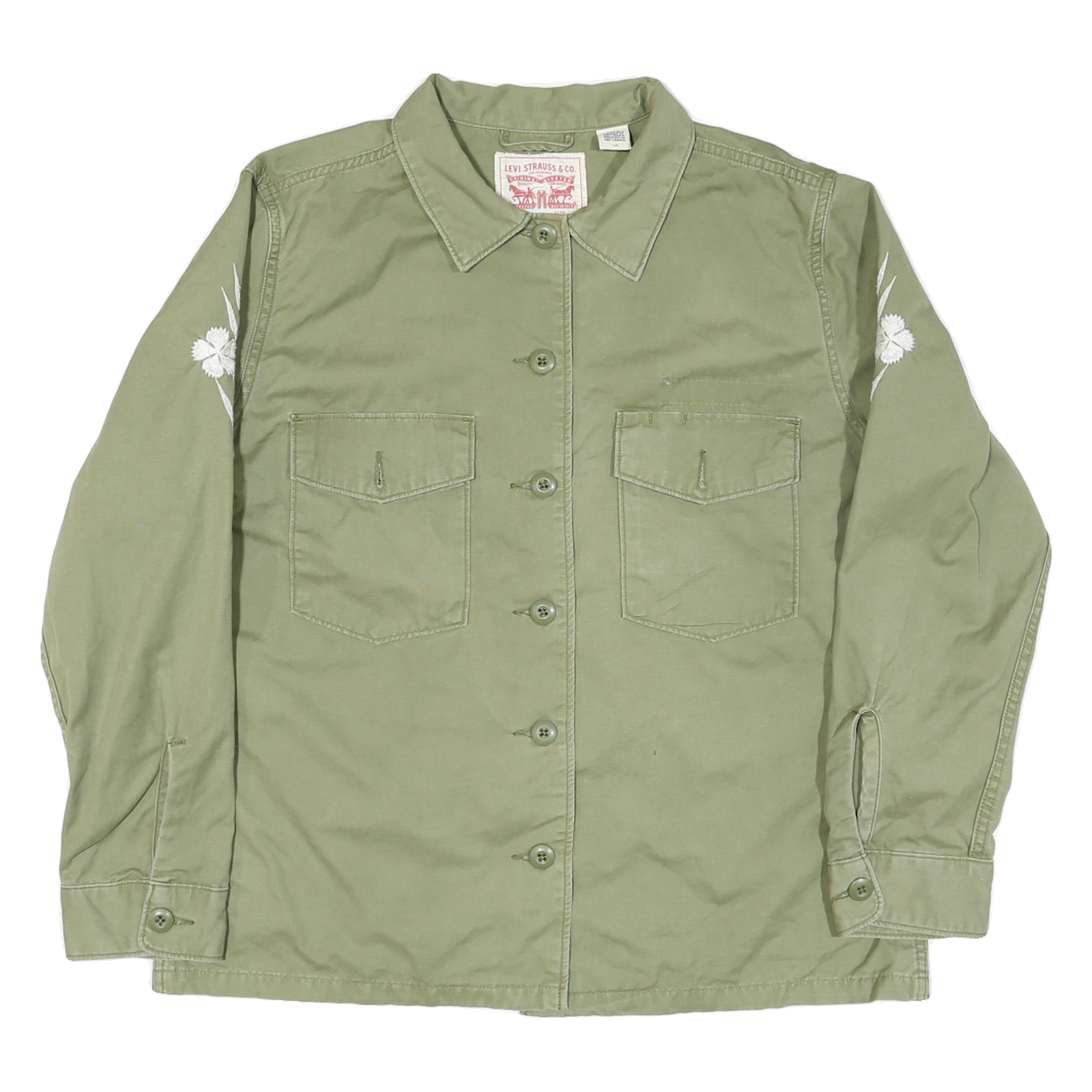 LEVI'S Womens Green Cotton Blend Shirt Jacket L Button Plain Floral Embroidered Refurbished - N/A refurbished available on Cerqular