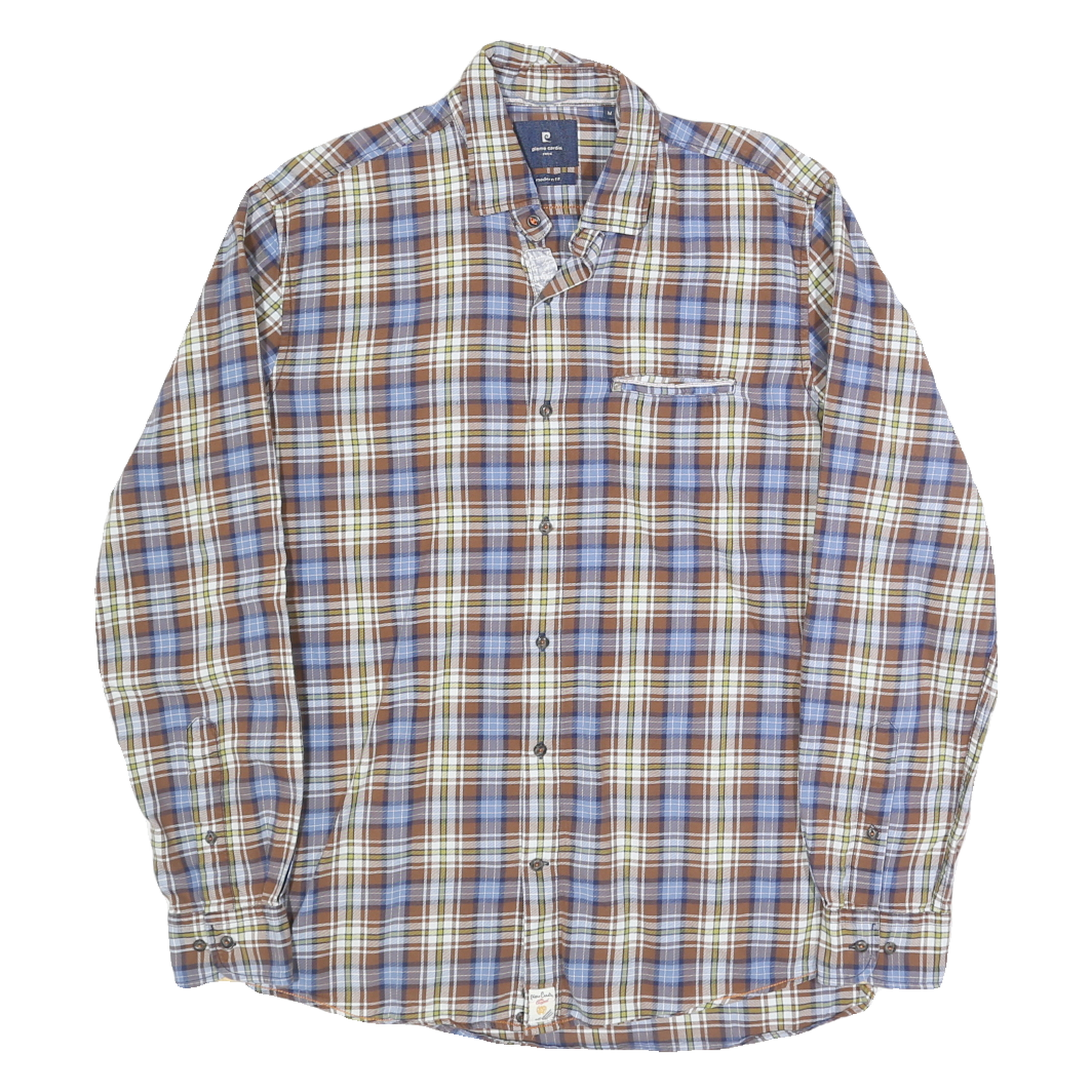 PIERRE CARDIN Mens Brown Blue & White Checked Shirt M Classic Cotton Long Sleeve Refurbished - N/A refurbished available on Cerqular