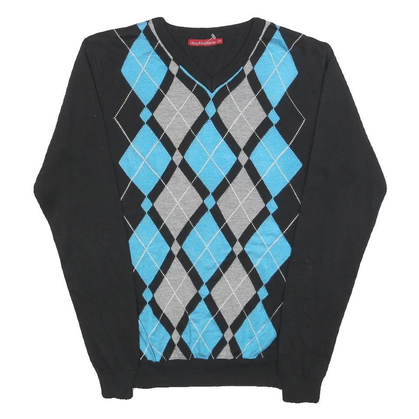 STOCKHOMME Mens Black Blue Grey Patterned V-Neck Basic Knit Jumper S Acrylic Refurbished - N/A refurbished available on Cerqular