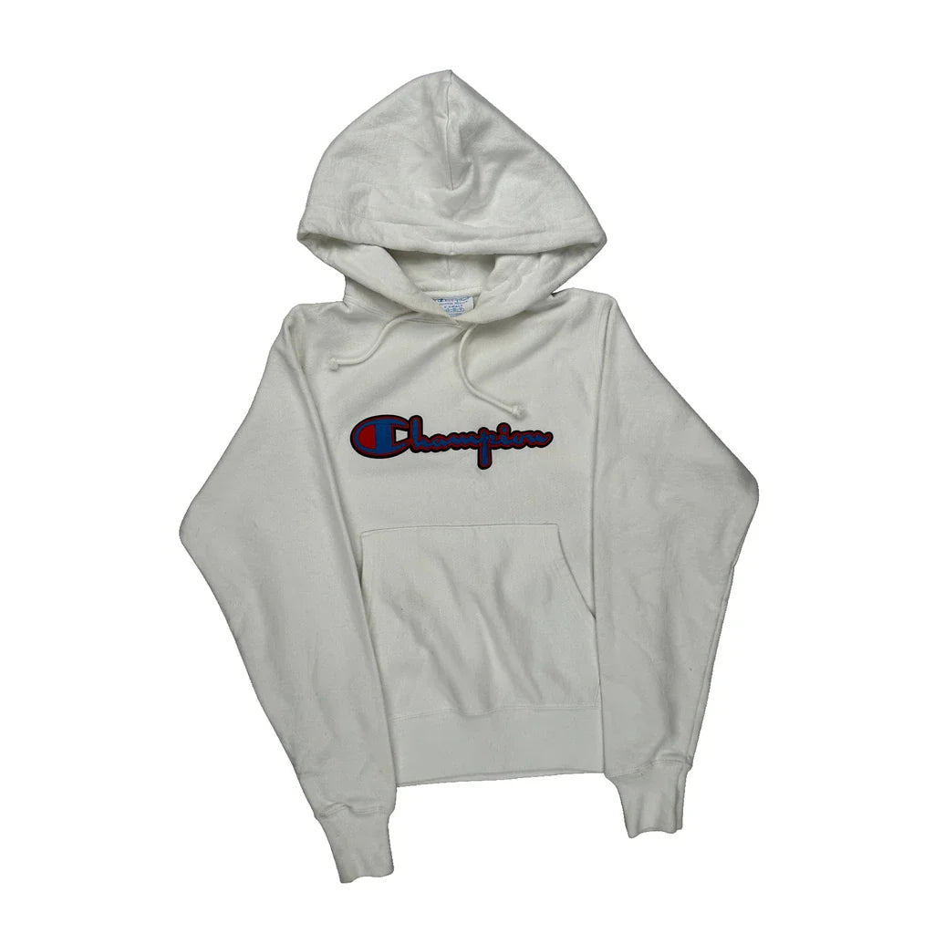 Reverse Weave Champion Spellout Hoodie - XS White Cotton Refurbished - Thrifted (note: this is a term often used to describe second- refurbished available on Cerqular