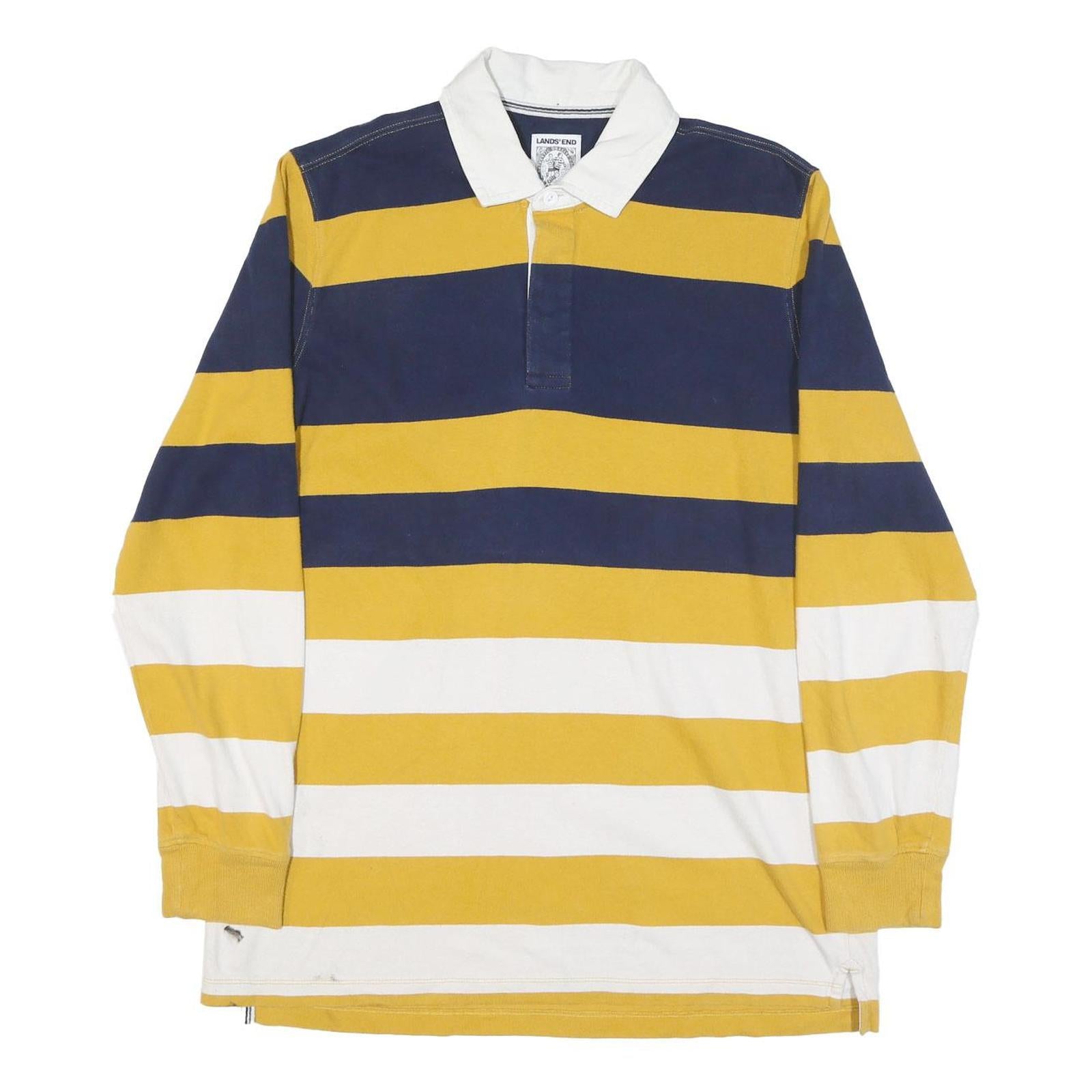 LANDS END Mens Blue & Yellow White Striped Long Sleeve Polo Shirt L Cotton Blend Refurbished - N/A refurbished available on Cerqular
