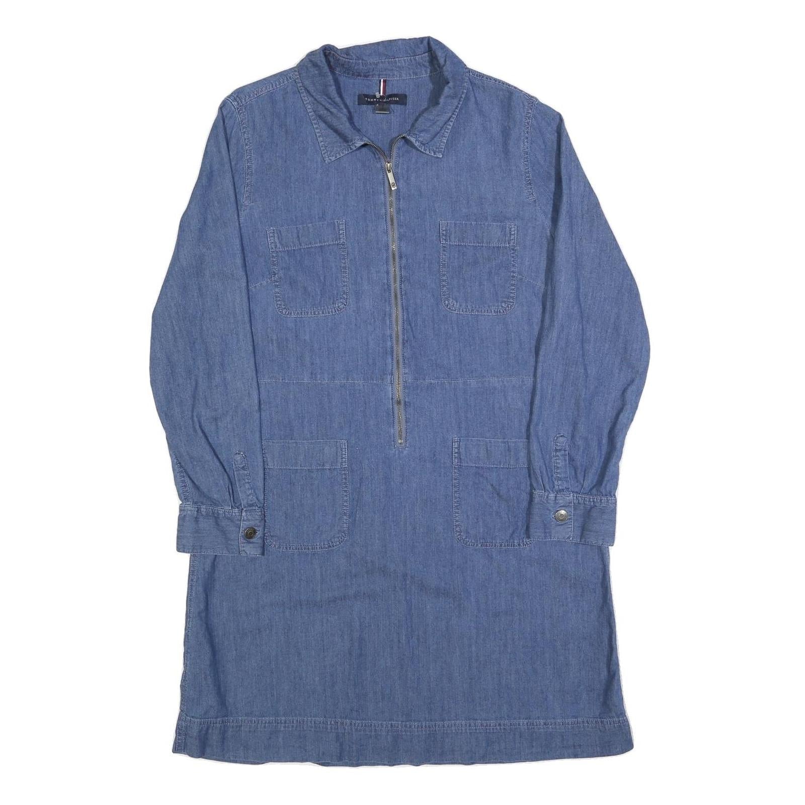 TOMMY HILFIGER Womens Blue Denim Day Dress Cotton Blend Long Sleeve L Zip Collar Refurbished - N/A refurbished available on Cerqular