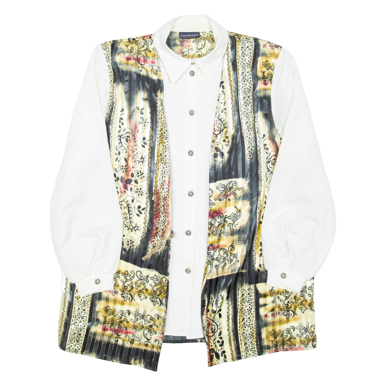 YOUR SIXTH SENSE Womens Printed Shirt White Collared Long Sleeve Crazy Pattern L Refurbished - N/A refurbished available on Cerqular