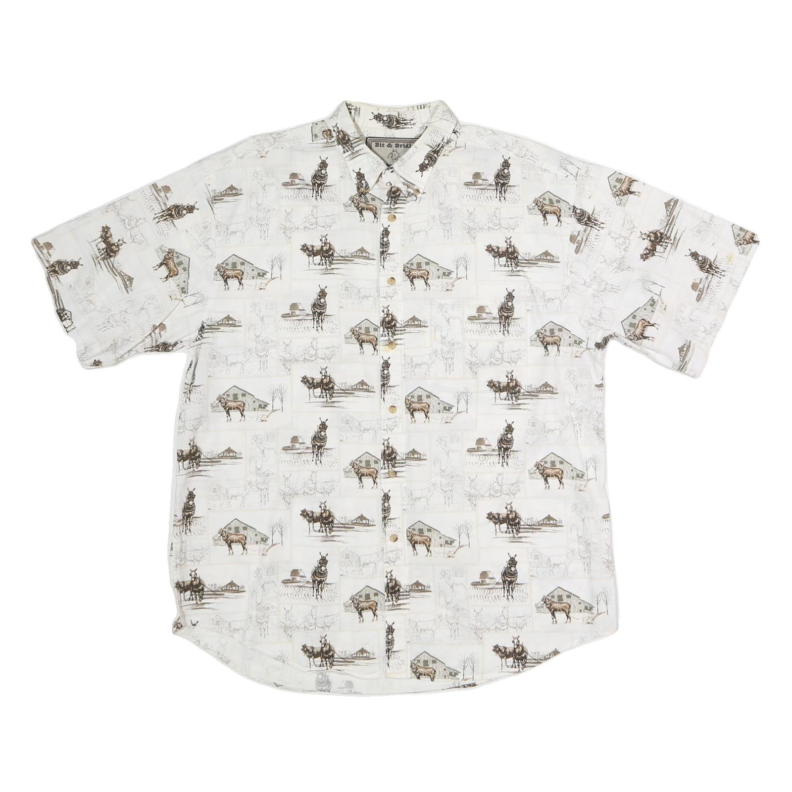 BIT & BRIDLE Mens White Horse Scene Cotton Button Shirt L Casual Short Sleeve Refurbished - N/A refurbished available on Cerqular
