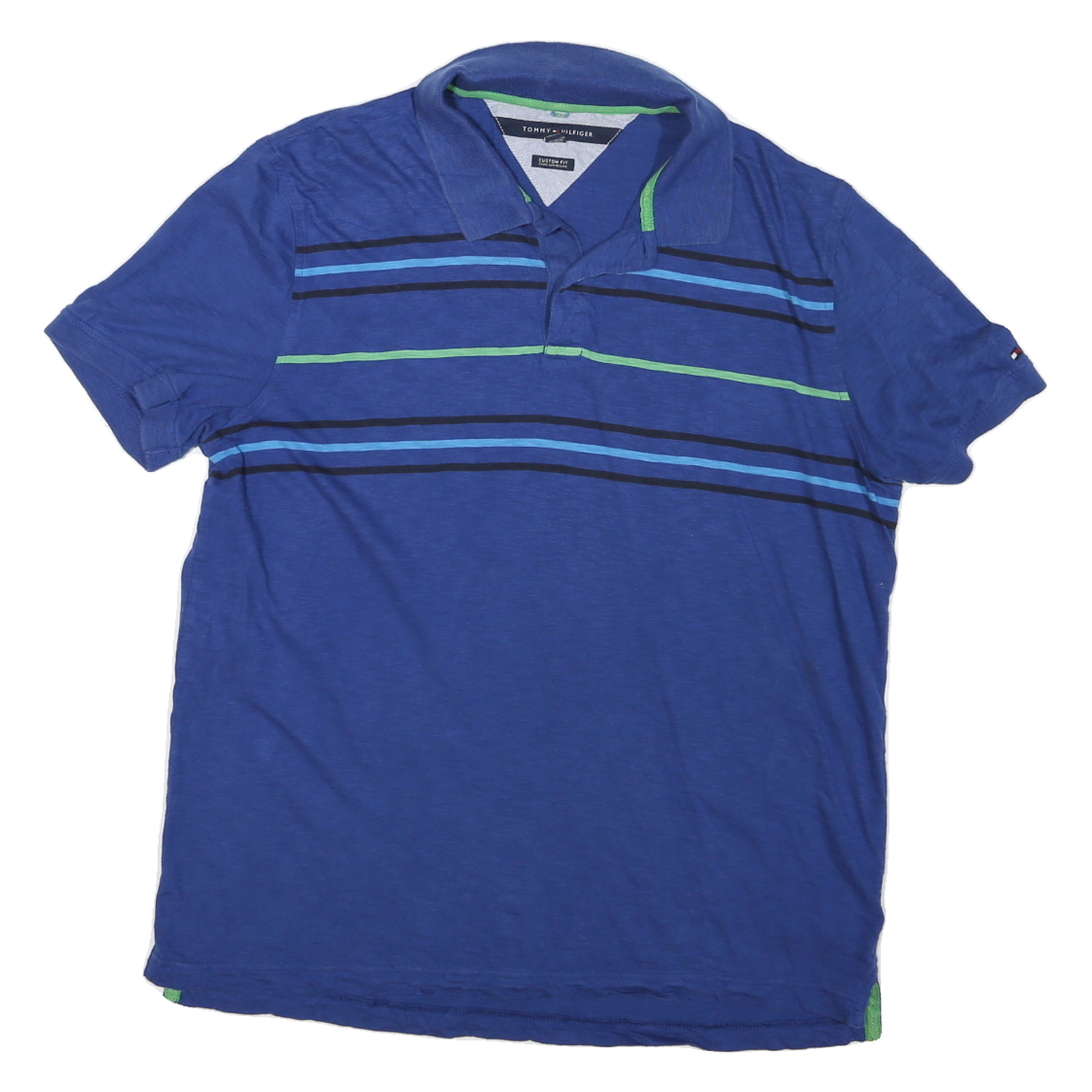 TOMMY HILFIGER Mens Blue & Green Striped Short Sleeve Polo Shirt L Cotton Casual Refurbished - N/A refurbished available on Cerqular