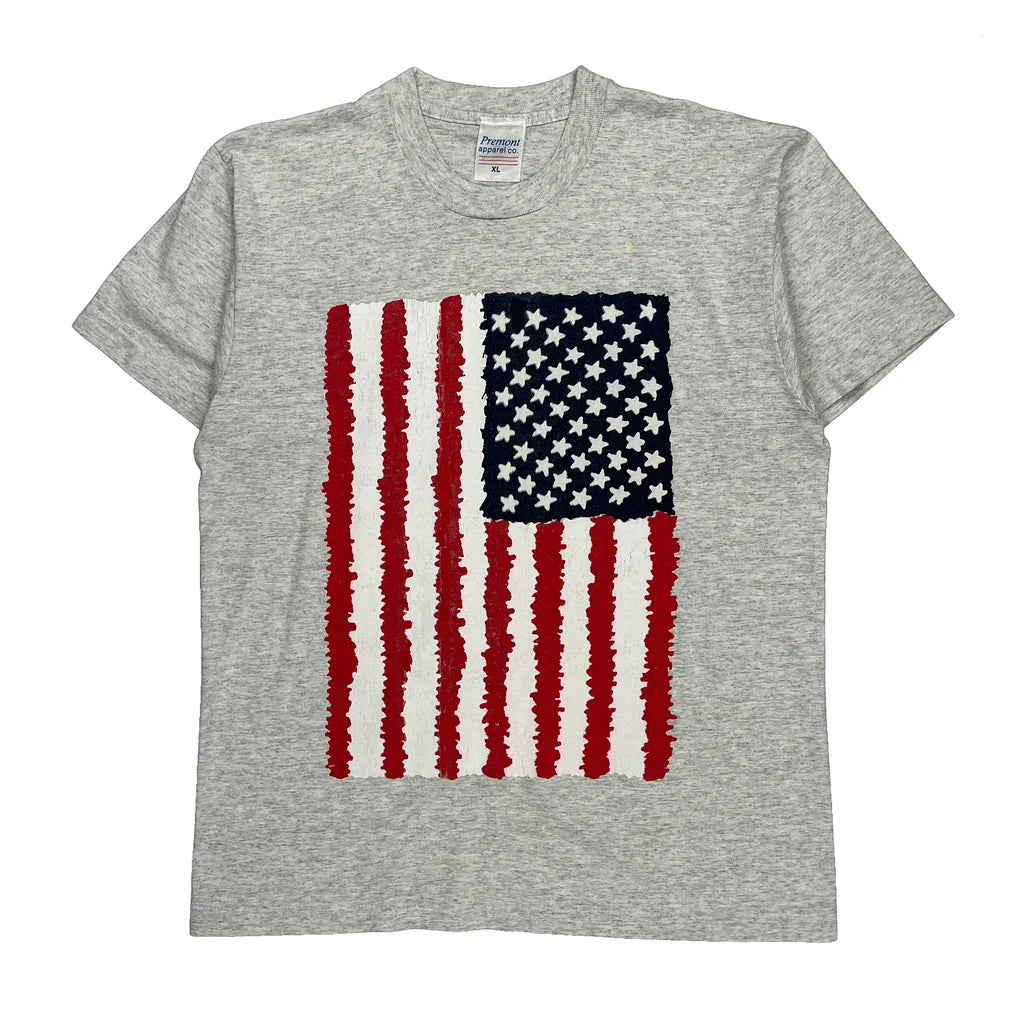 American Flag Premont Single Stitch T-Shirt - XL Blue Cotton Refurbished - Thrifted (note: this is a term often used to describe second- refurbished available on Cerqular