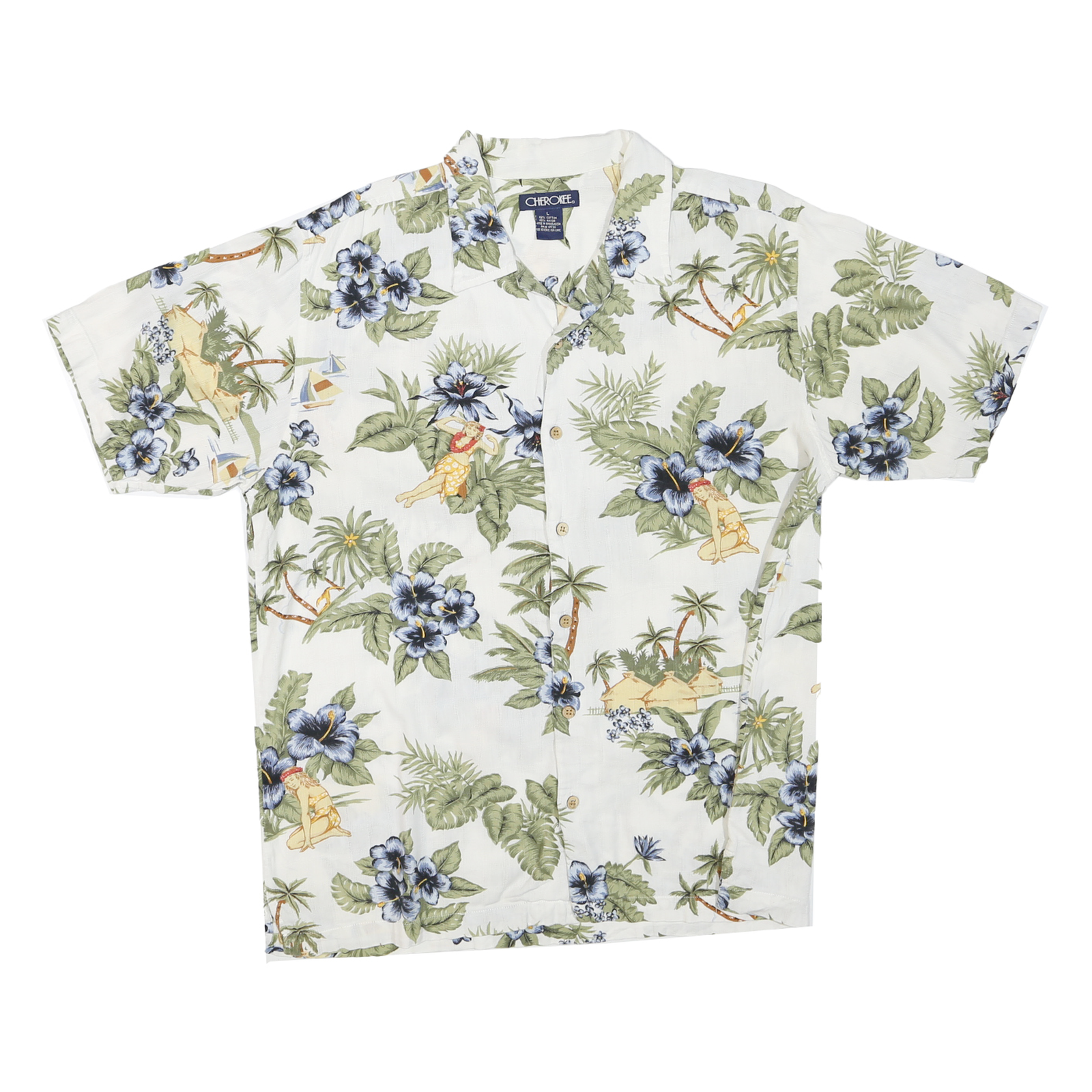 CHEROKEE Mens White & Green Hawaiian Shirt L Cotton Blend Summer Casual Refurbished - N/A refurbished available on Cerqular