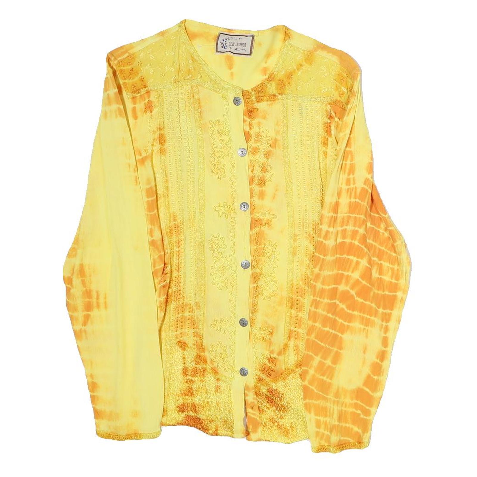 NEW FASHION Womens Yellow & Orange Printed Long Sleeve Round Neck Top L Button Refurbished - N/A refurbished available on Cerqular