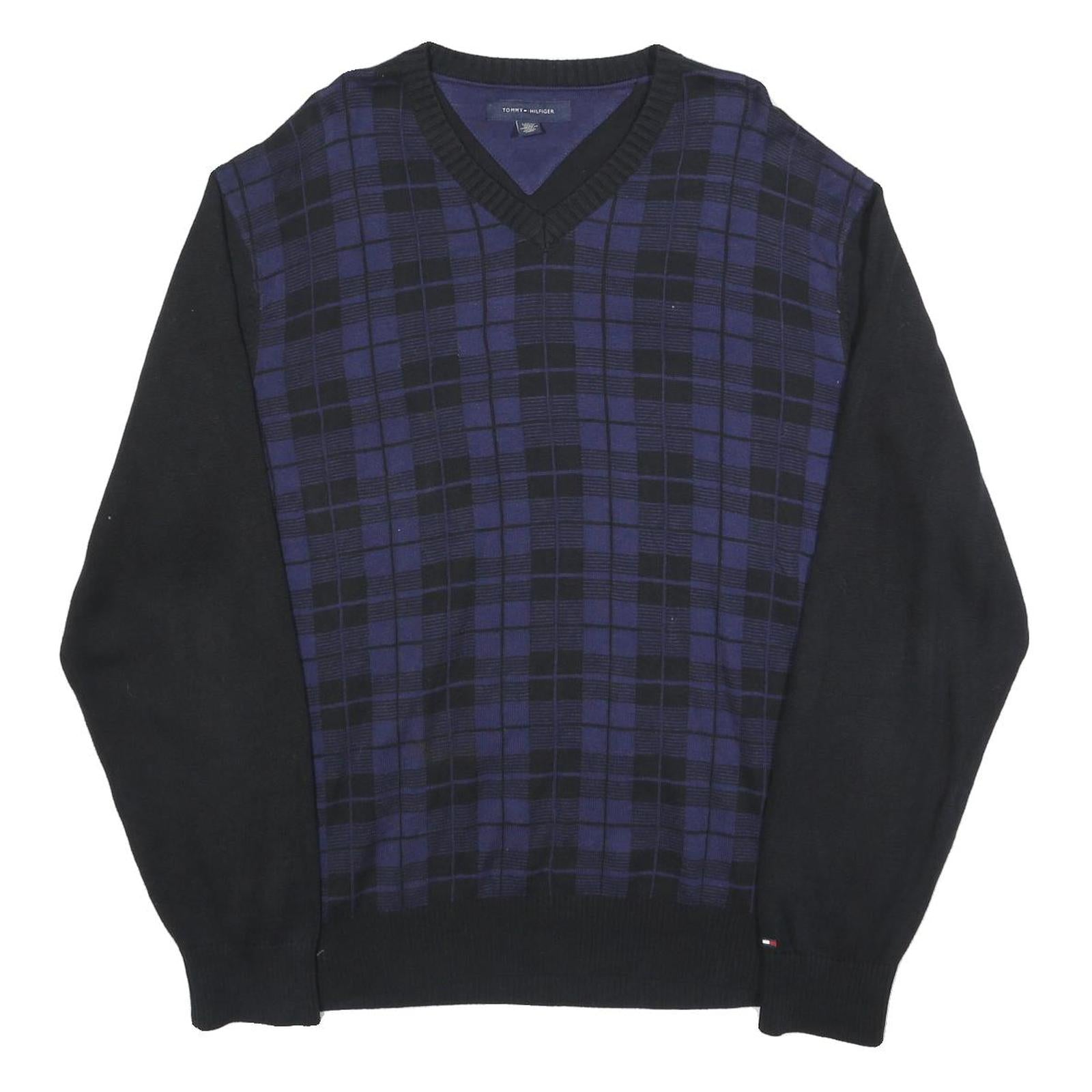 TOMMY HILFIGER Mens Black & Blue Patterned V-Neck Jumper Cable Knit XL Cotton Refurbished - N/A refurbished available on Cerqular