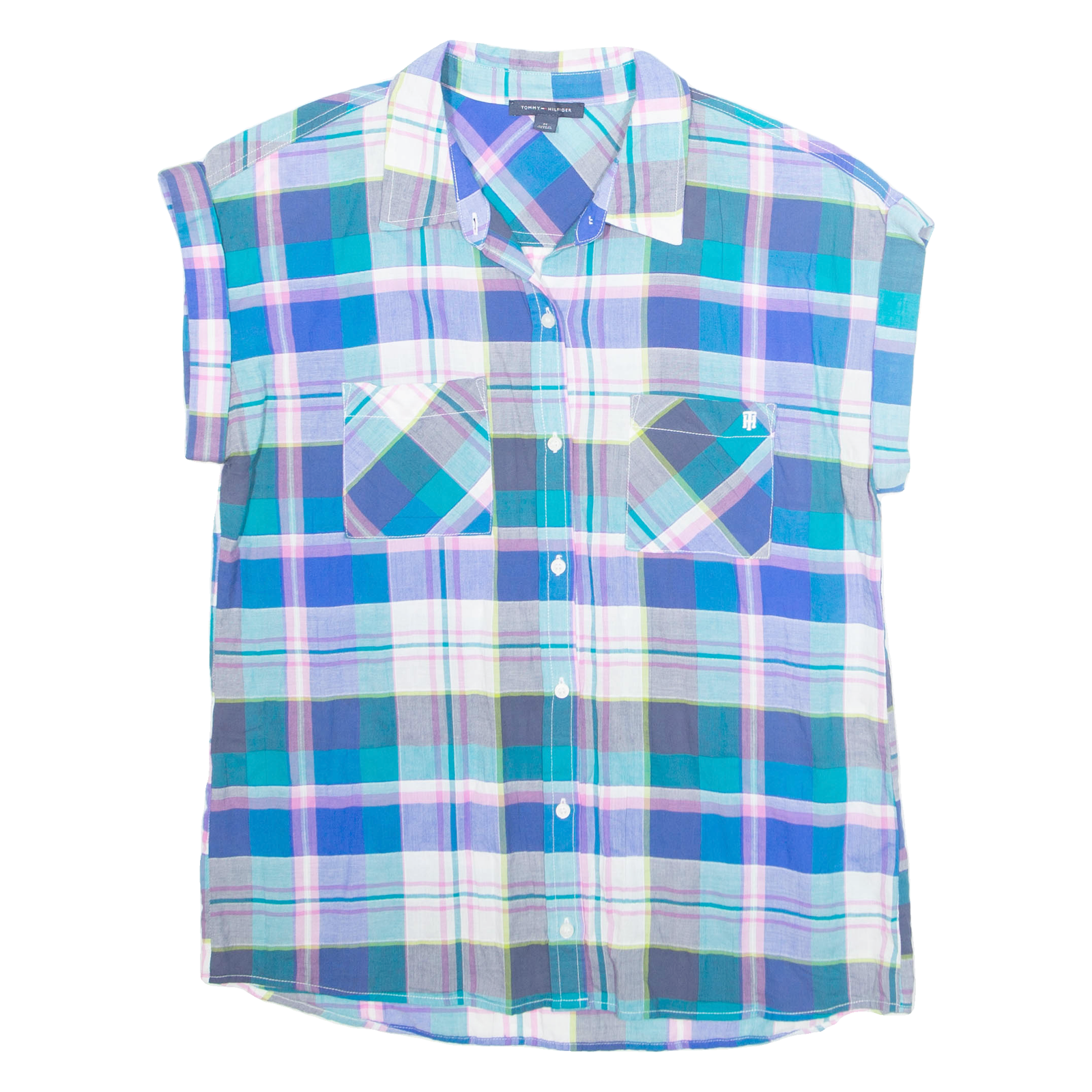TOMMY HILFIGER Womens Printed Top Blue Collared Sleeveless Plaid M Refurbished - N/A refurbished available on Cerqular