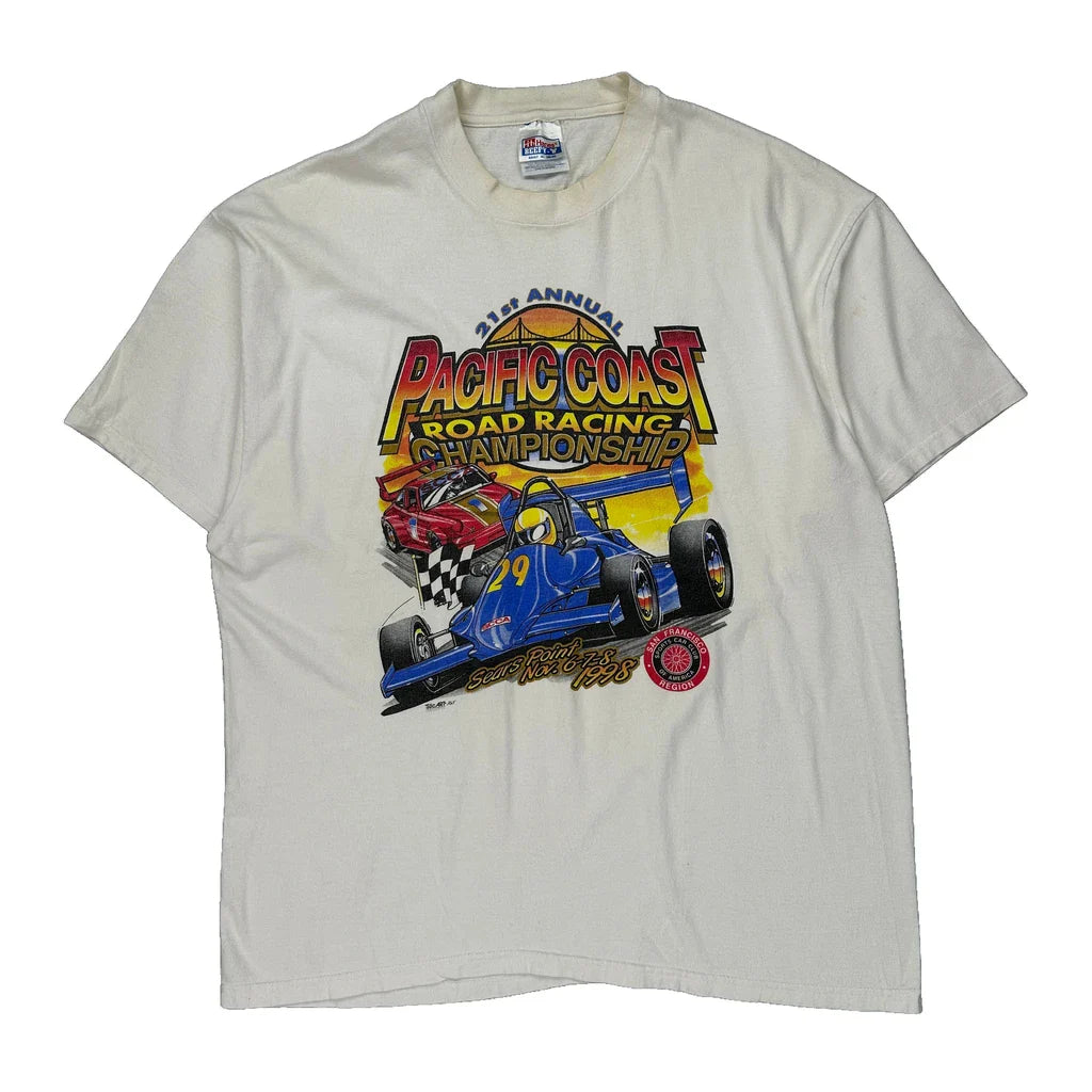 Pacific Coast Road Racing Championship Hanes Single Stitch T-Shirt - XL White Cotton Refurbished - Thrifted (note: this is a term often used to describe second- refurbished available on Cerqular