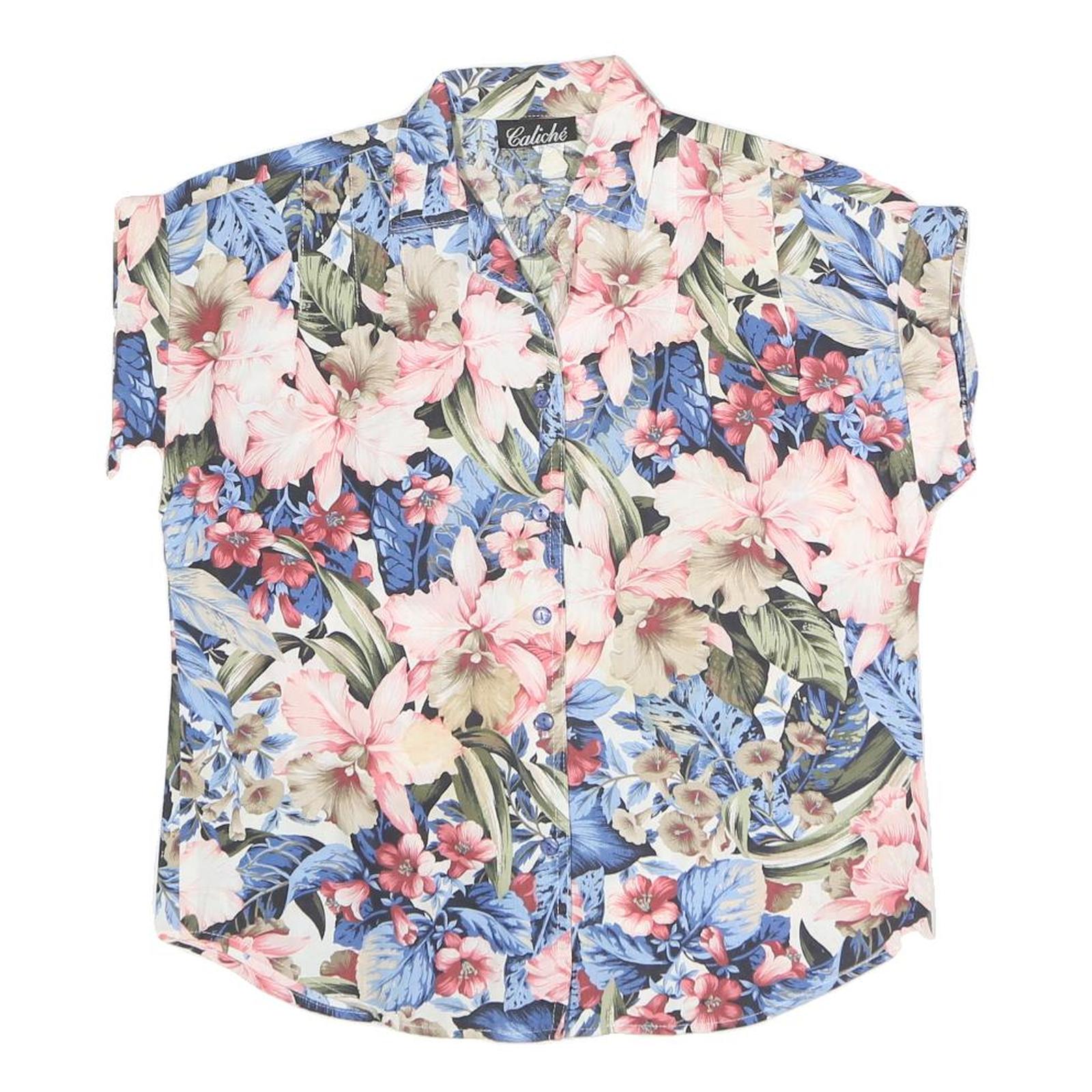 CALICHE Womens Blue Pink Floral Cotton Blend Shirt Short Sleeve Collared S Refurbished - N/A refurbished available on Cerqular