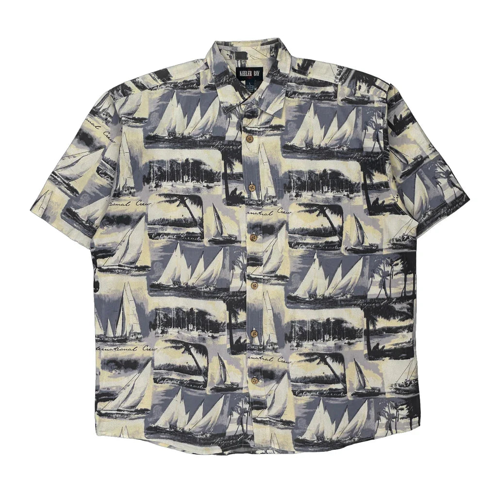 Keeler Bay Graphic Hawaiian Shirt - Large Grey Cotton Refurbished - Thrifted (note: this is a term often used to describe second- refurbished available on Cerqular