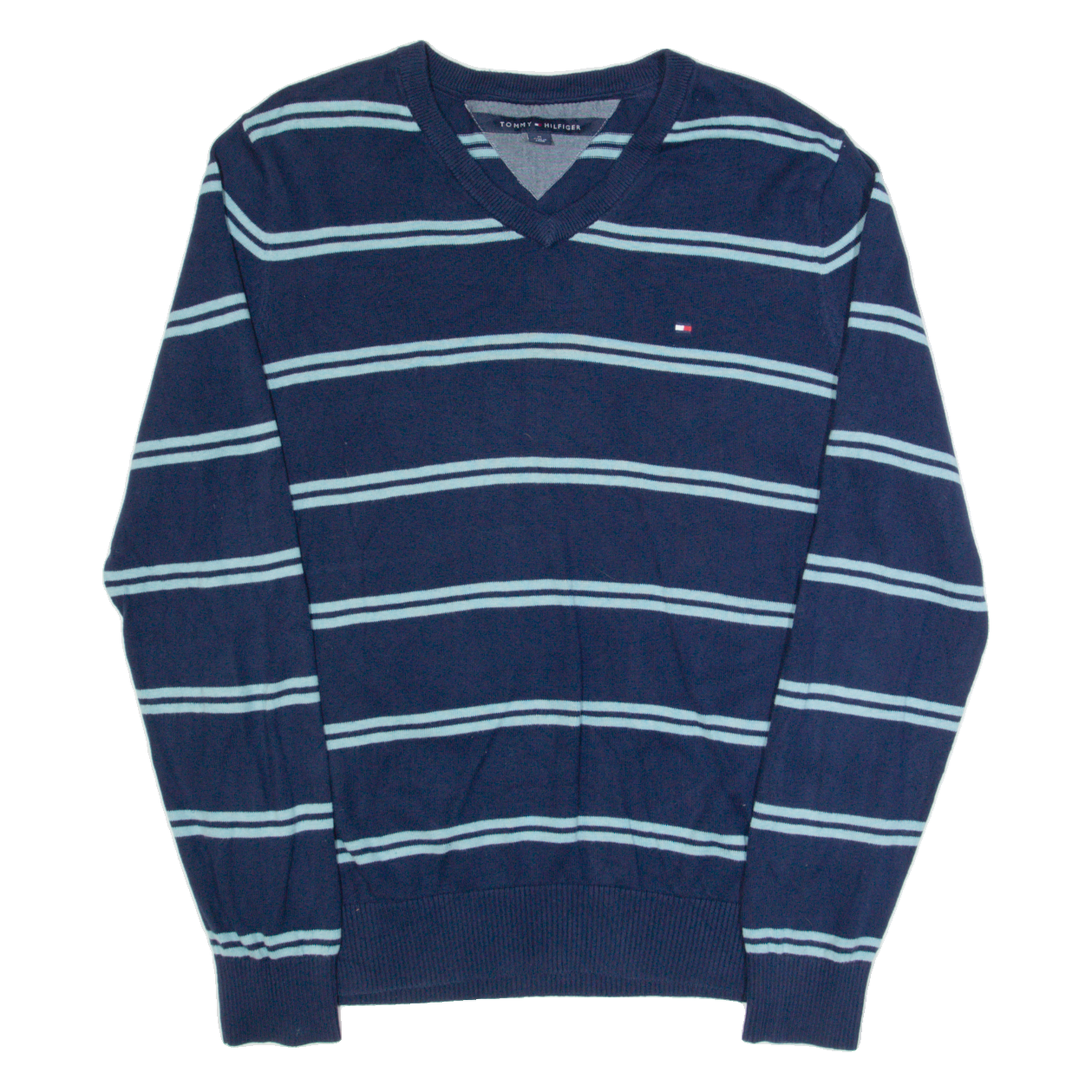 TOMMY HILFIGER Mens Patterned Jumper Blue Striped V-Neck Tight Knit M Refurbished - N/A refurbished available on Cerqular