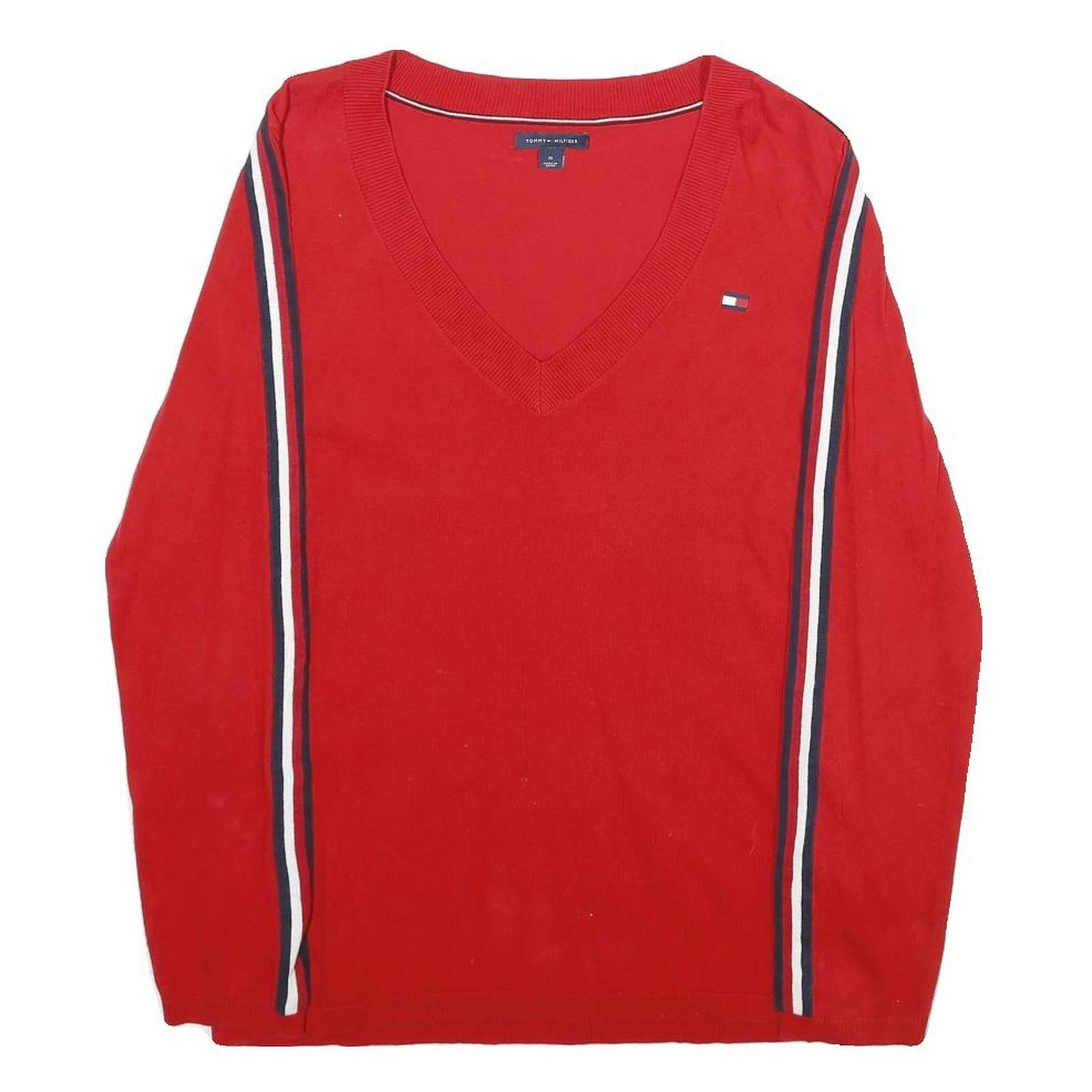 TOMMY HILFIGER Womens Red Striped V Neck Patterned Basic Knit Jumper M Cotton Refurbished - N/A refurbished available on Cerqular
