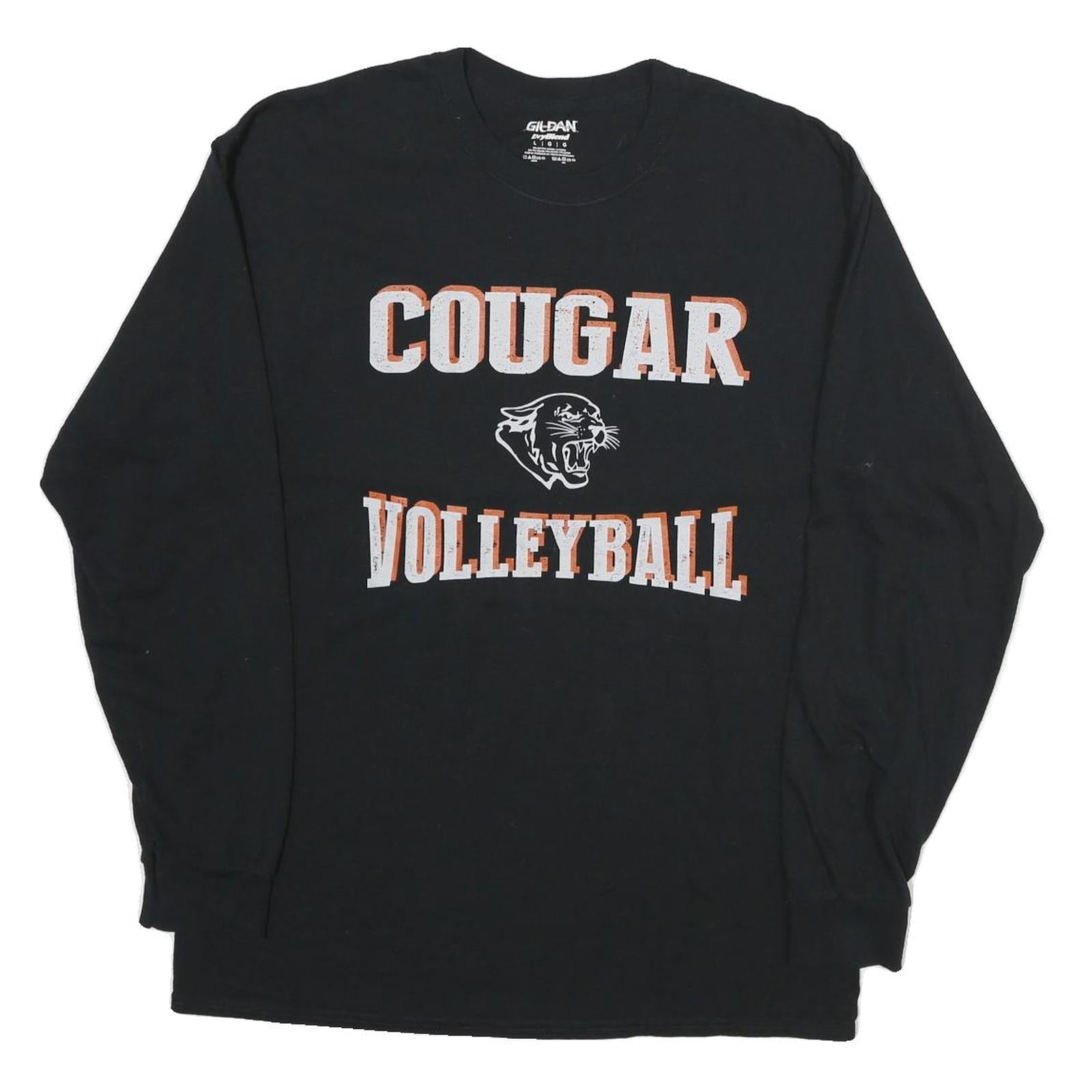 GILDAN Mens Black Cougar Volleyball Long Sleeve Crew Neck Cotton T-Shirt L Refurbished - N/A refurbished available on Cerqular