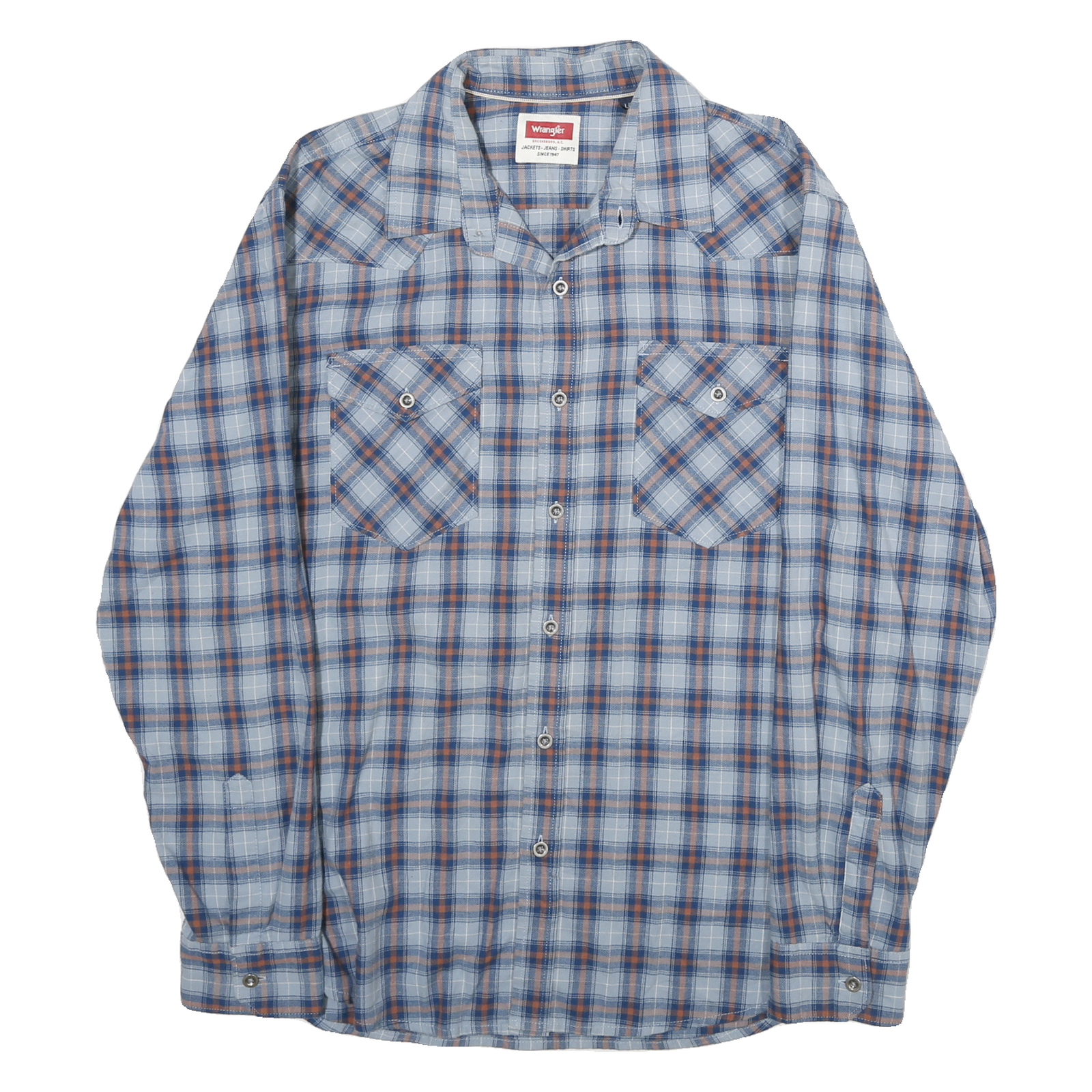 WRANGLER Mens Blue & Orange Checked Long Sleeve Shirt L Casual Cotton Refurbished - N/A refurbished available on Cerqular