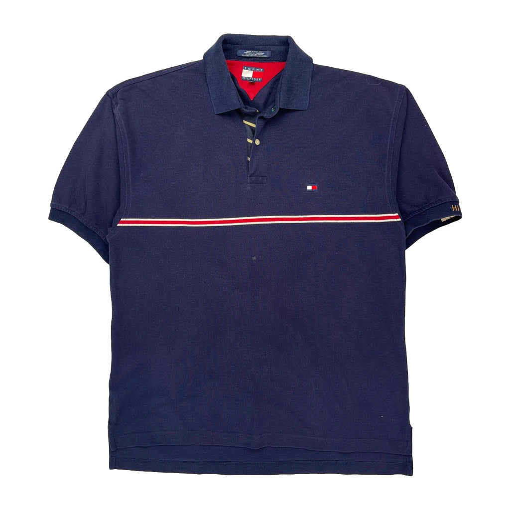 Tommy Hilfiger Striped Polo Shirt - Large Navy Cotton Refurbished - Thrifted (note: this is a term often used to describe second- refurbished available on Cerqular