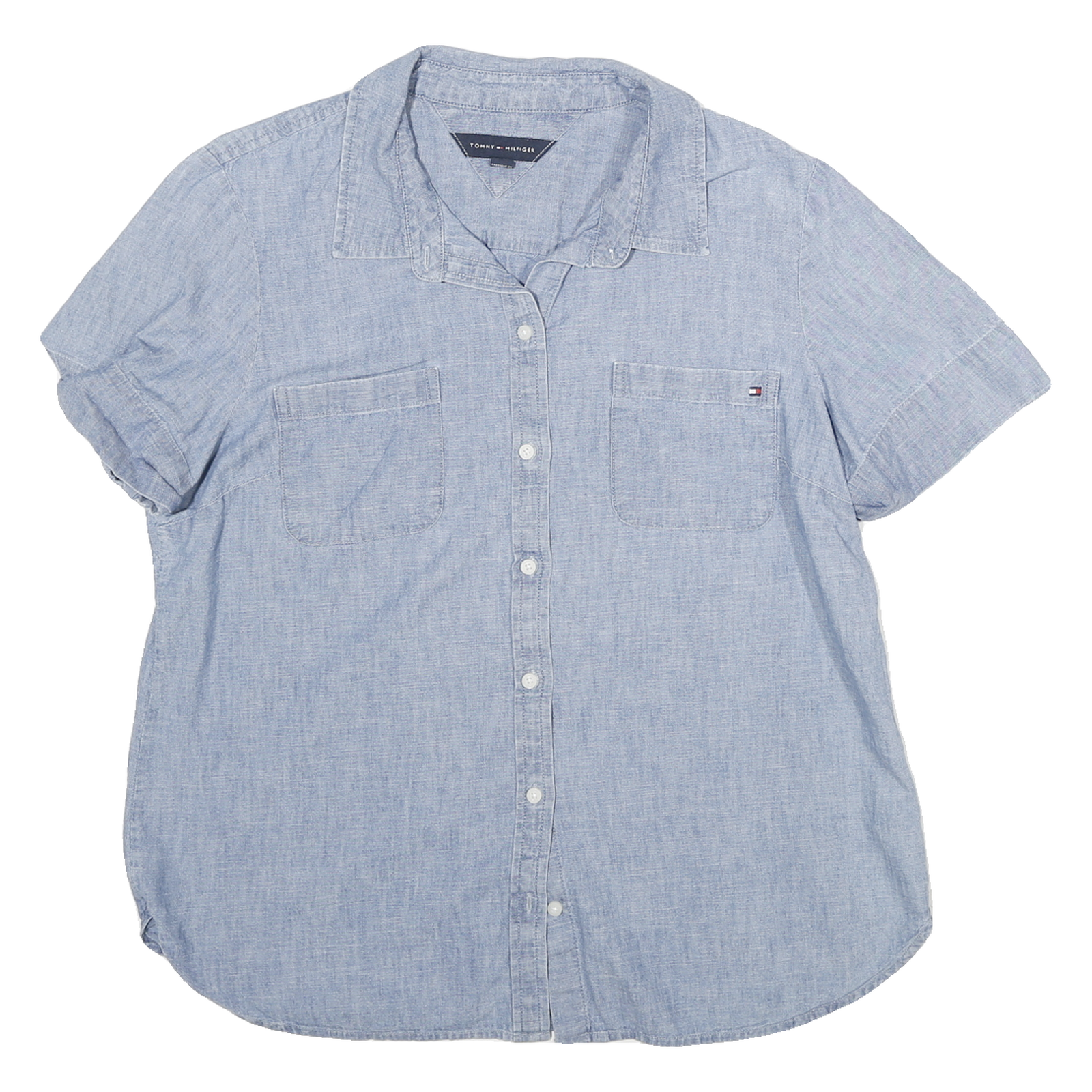 TOMMY HILFIGER Womens Blue Cotton Blend Shirt L Casual Short Sleeve Button Refurbished - N/A refurbished available on Cerqular