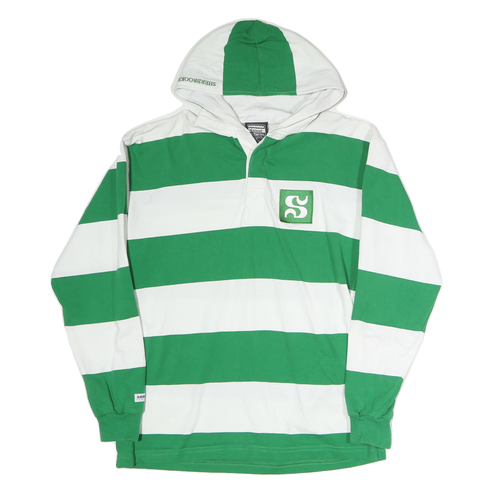 BARBARIAN Mens Green & White Hooded Long Sleeve Rugby Stripe L Polo Shirt Refurbished - N/A refurbished available on Cerqular