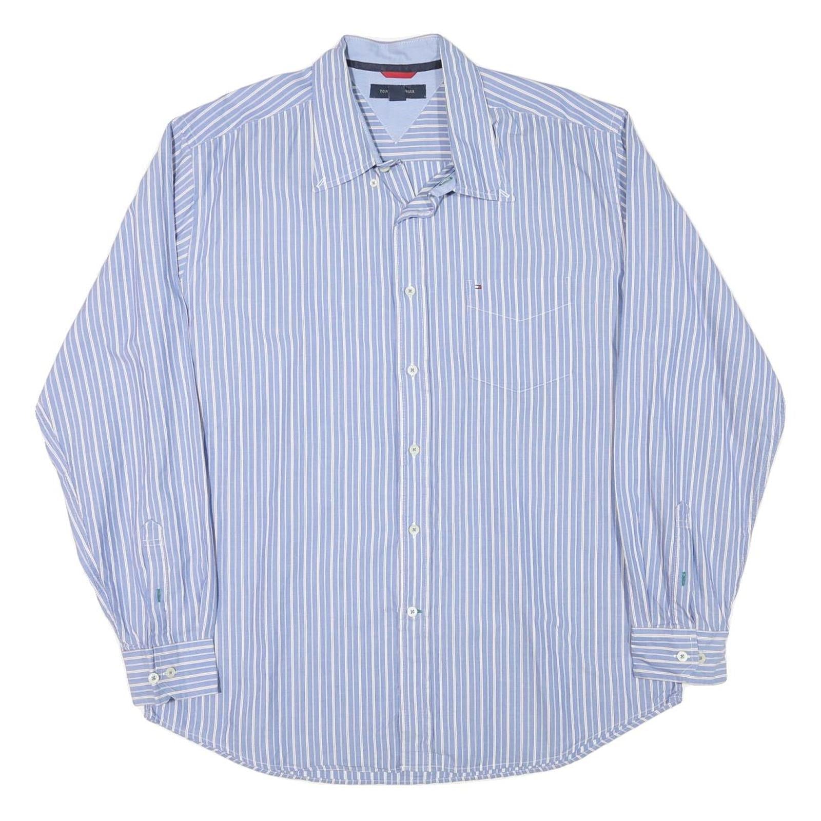 TOMMY HILFIGER Mens Blue & White Striped Shirt XL Classic Cotton Blend Button Refurbished - N/A refurbished available on Cerqular