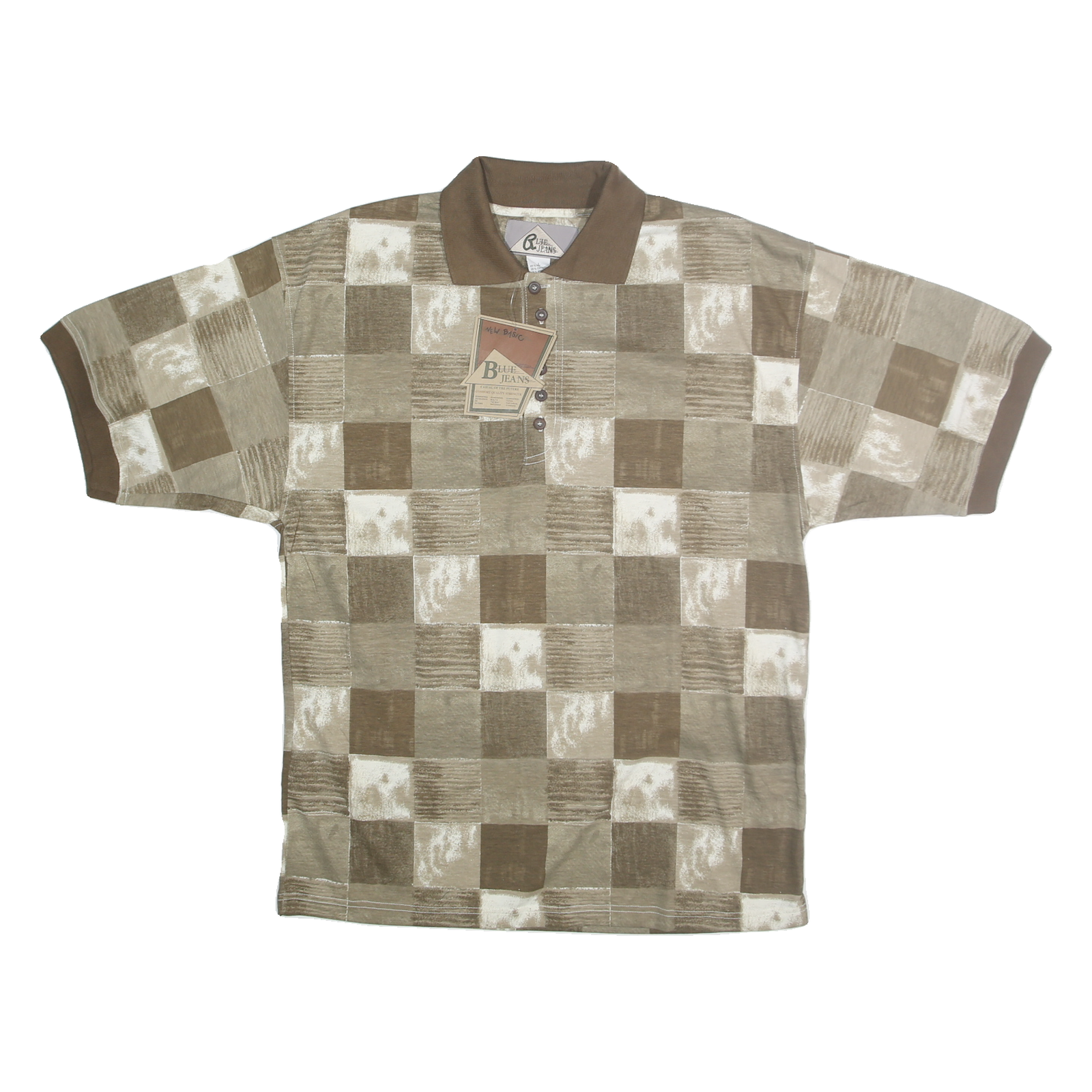 BLUE JEANS Mens Beige & Brown Checked Short Sleeve Polo Shirt L Casual Summer Refurbished - N/A refurbished available on Cerqular