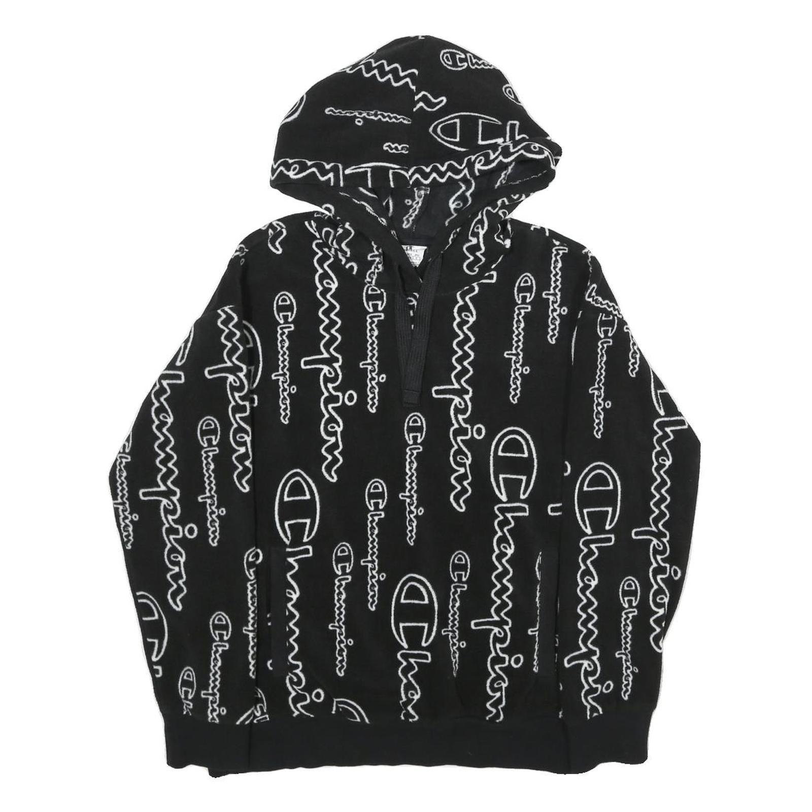 CHAMPION Mens Black Hoodie XS All Over Logo Print Pullover Zip Hoodie Refurbished - N/A refurbished available on Cerqular