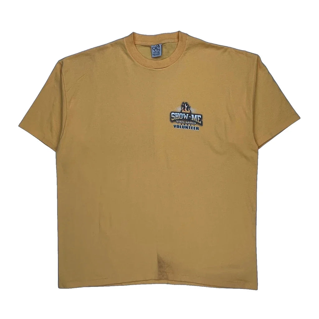 Show-Me State Games Volunteer Cal Cru Single Stitch T-Shirt - 2XL Yellow Cotton Refurbished - Thrifted (note: this is a term often used to describe second- refurbished available on Cerqular