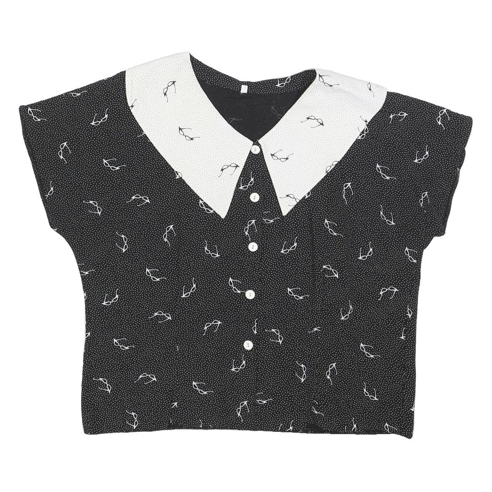 Womens Black & White Printed Top Short Sleeve Button Neck L Glasses Print Refurbished - N/A refurbished available on Cerqular