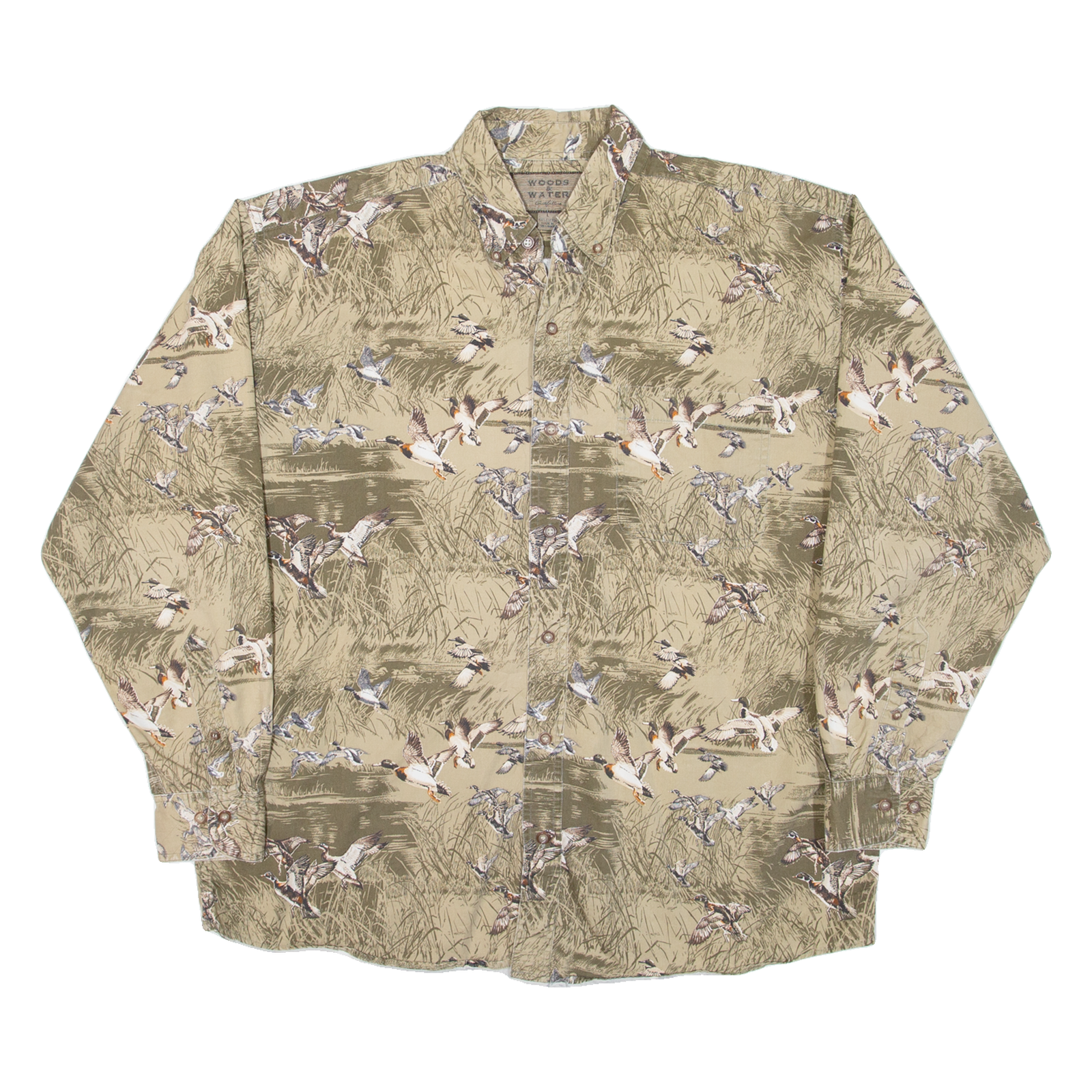 WOODS AND WATER Birds Mens Shirt Beige Crazy Pattern Long Sleeve L Refurbished - N/A refurbished available on Cerqular