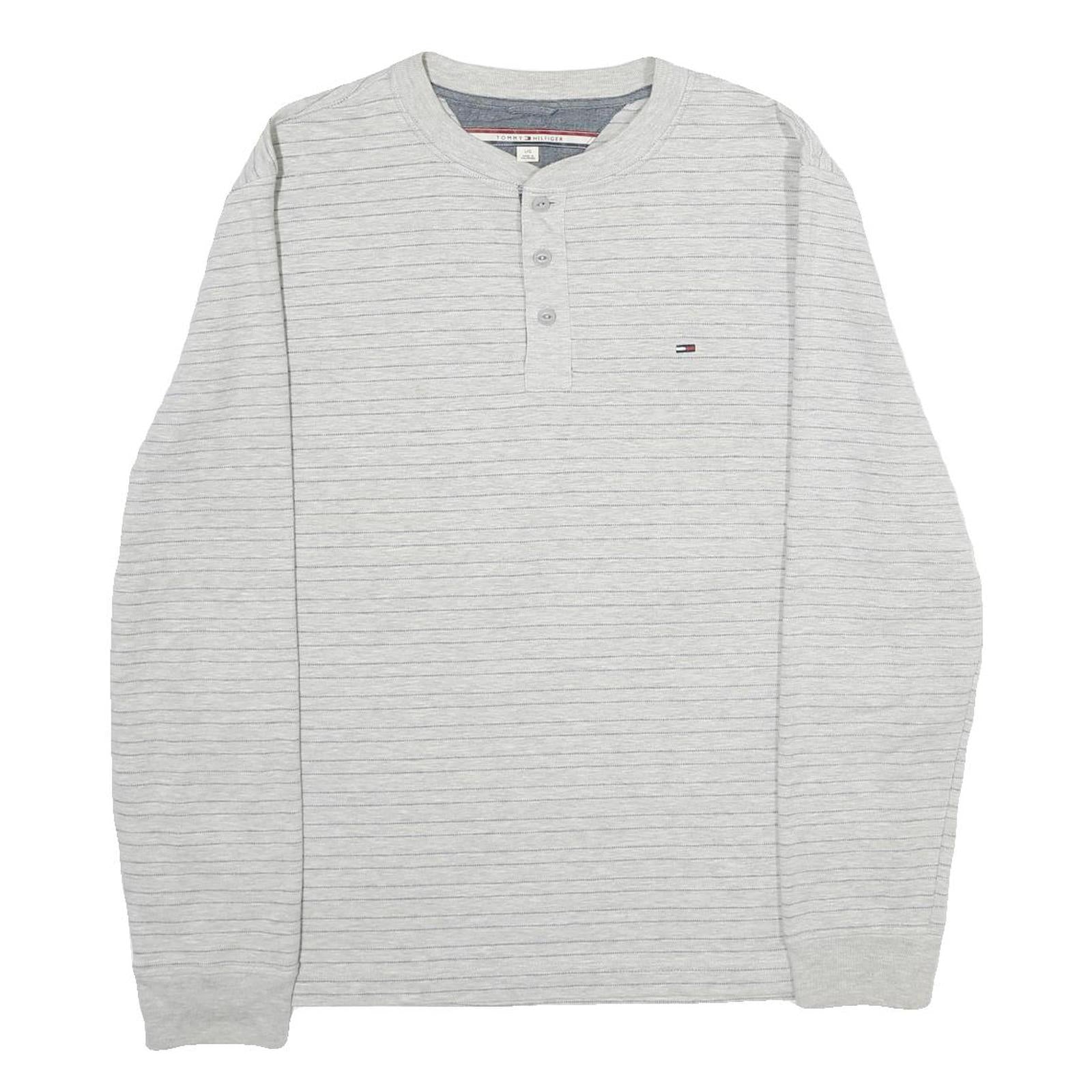 TOMMY HILFIGER Mens Grey Stripe Henley T-Shirt L Long Sleeve Crew Neck Cotton Refurbished - N/A refurbished available on Cerqular