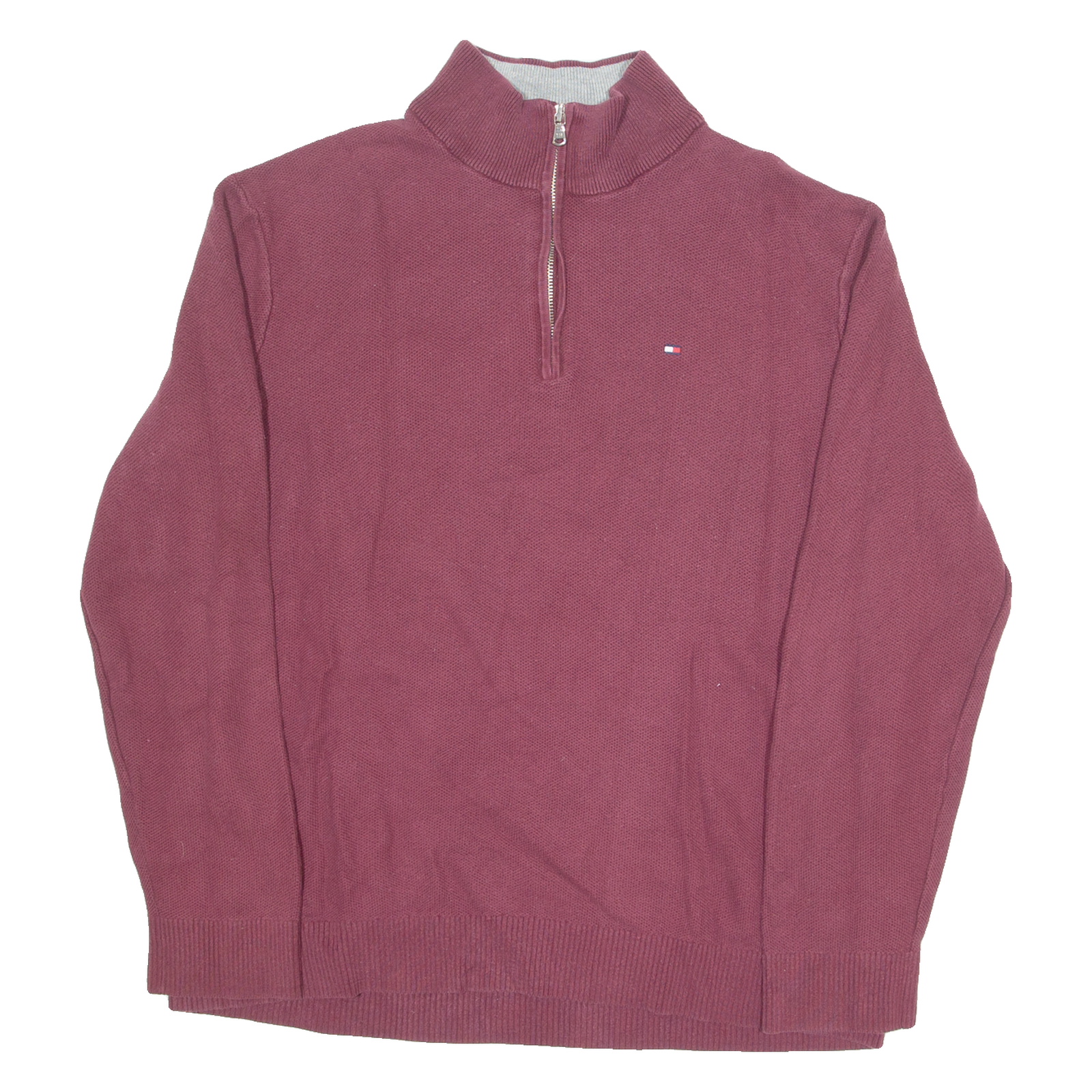 TOMMY HILFIGER Mens Jumper Maroon 1/4 Zip Tight Knit XL Refurbished - N/A refurbished available on Cerqular