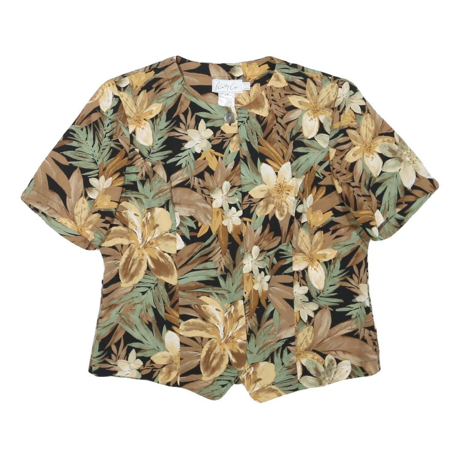 CATHY CHO Womens Brown & Beige Floral Printed Top Short Sleeve Round Neck L Refurbished - N/A refurbished available on Cerqular
