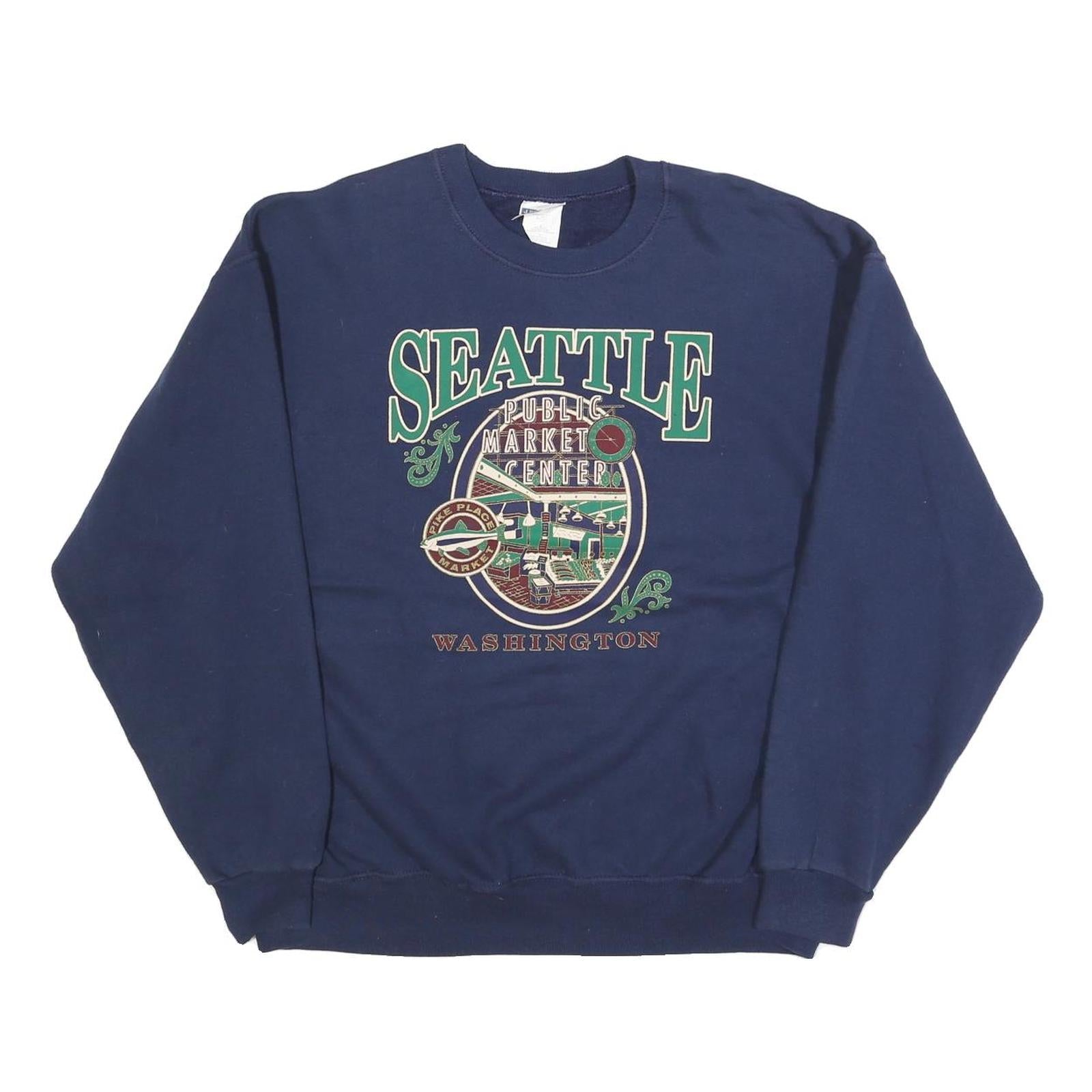 JERZEES Mens Navy Blue Seattle Public Market Centre Crew Neck L Sweatshirt Refurbished - N/A refurbished available on Cerqular