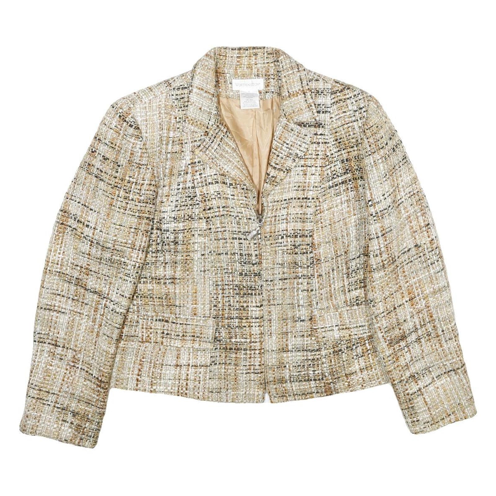 WORTHINGTON Womens Beige & Brown Tweed Zip Jacket UK 16 Acrylic Classic Fit Refurbished - N/A refurbished available on Cerqular