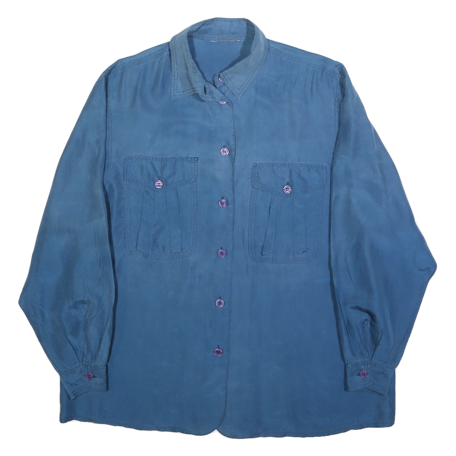 Womens Blue Plain Shirt L Button Pockets Casual Relaxed Fit Refurbished - N/A refurbished available on Cerqular