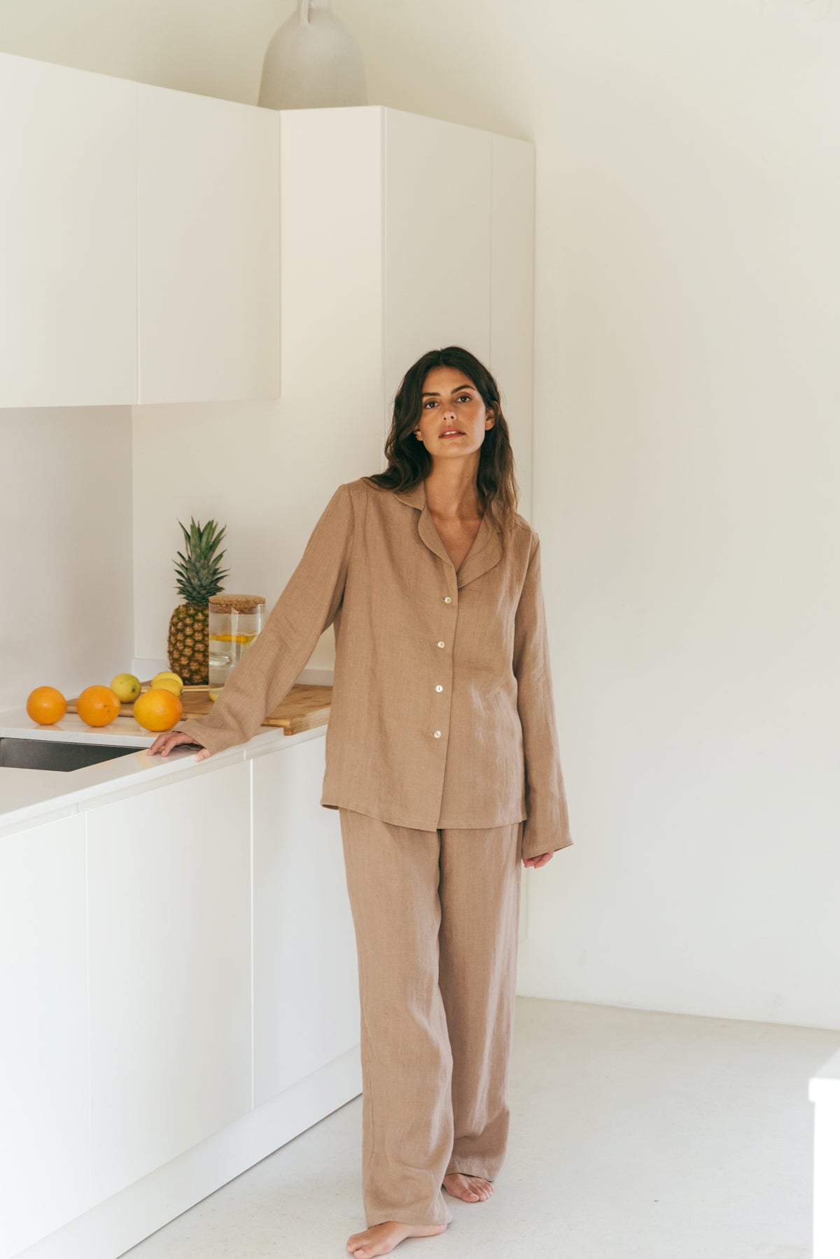 Buy Nightly long sleeve pajama set in Rosy Brown | Size: S Refurbished - $159.00 Nightly long sleeve pajama set in Rosy Brown | Size: S Refurbished - Amour Linen refurbished available on Cerqular